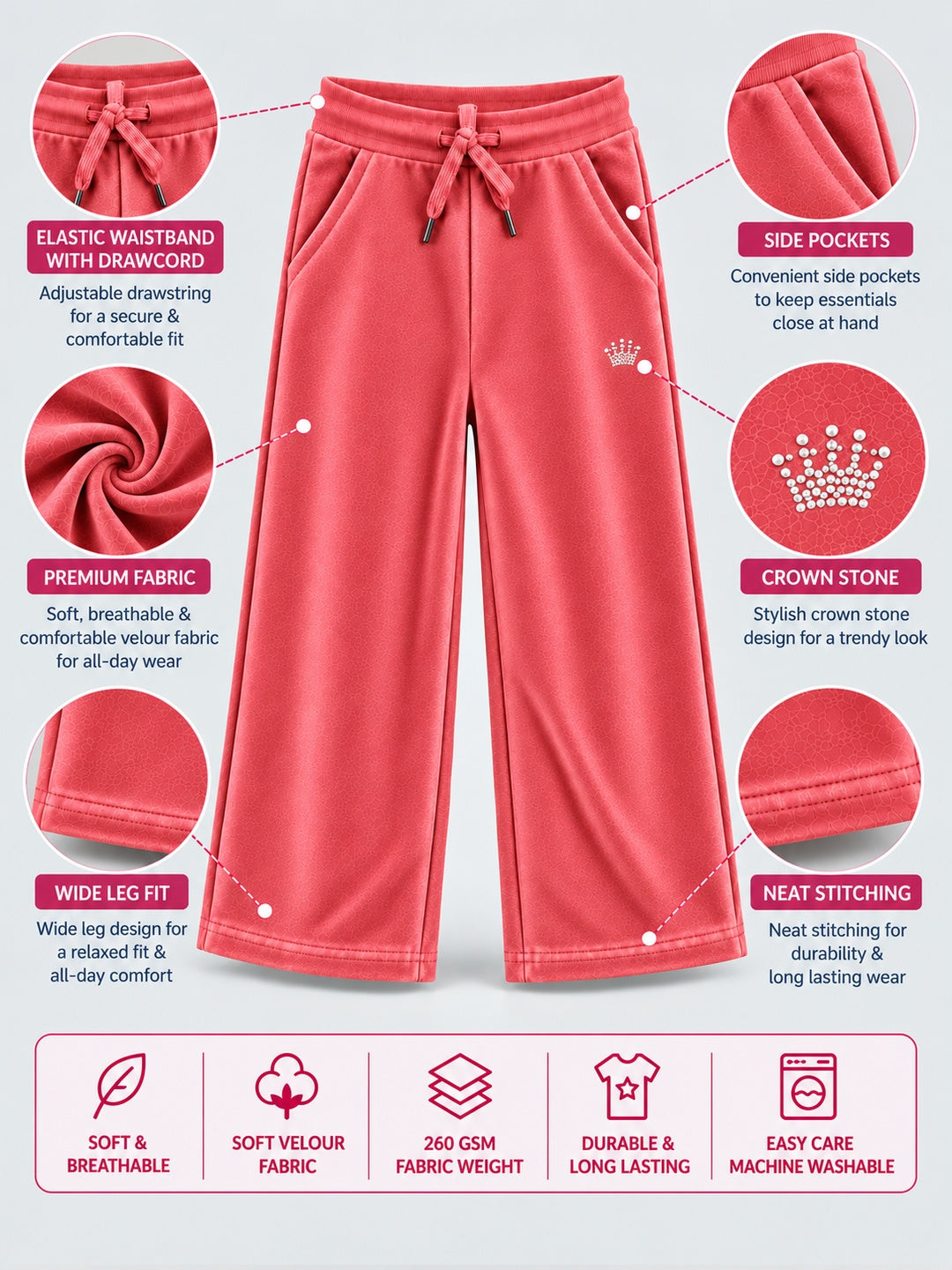 Girls Premium Velour Crown stone Printed Wide Leg Pant
