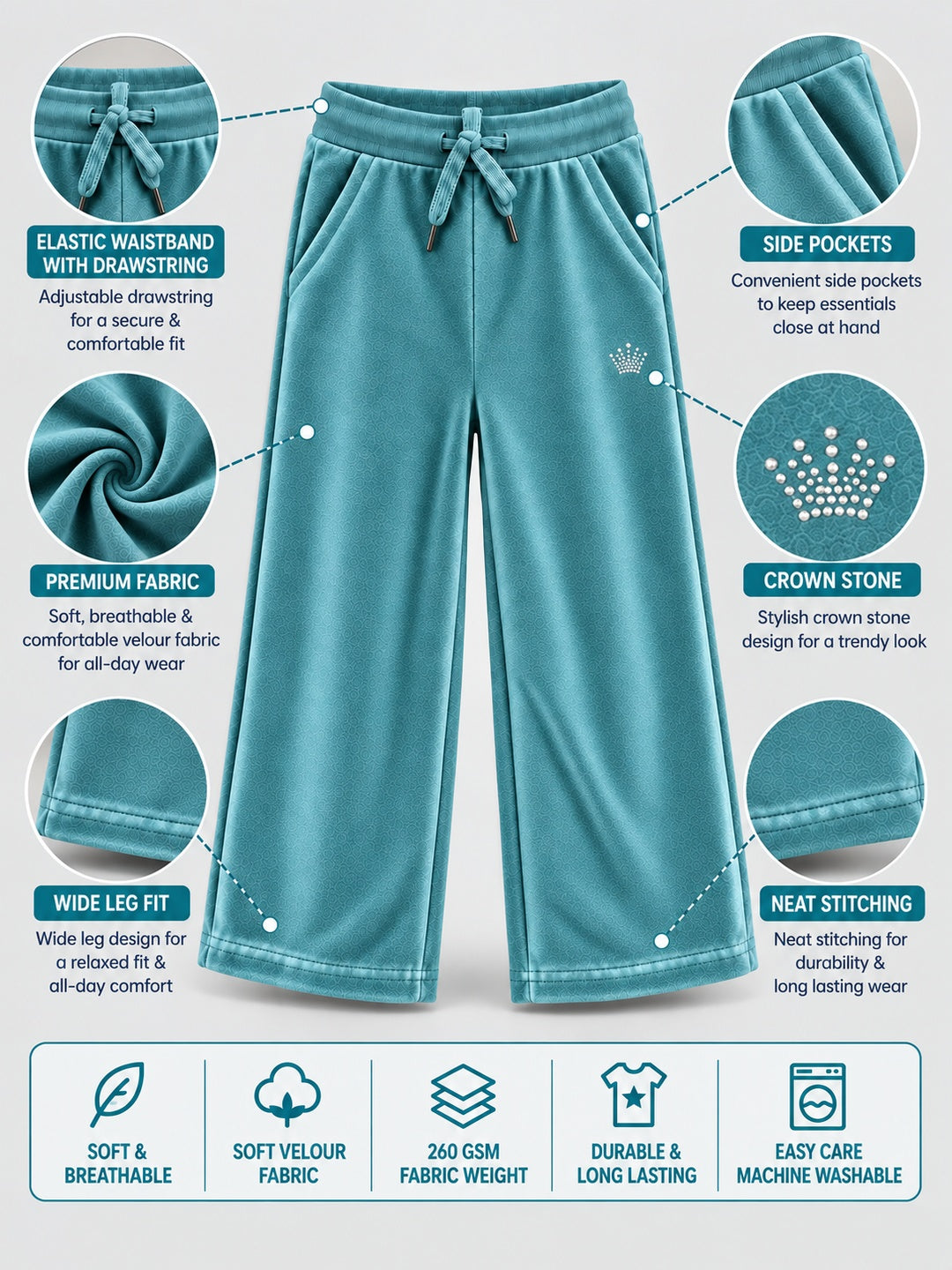 Girls Premium Velour Crown stone Printed Wide Leg Pant