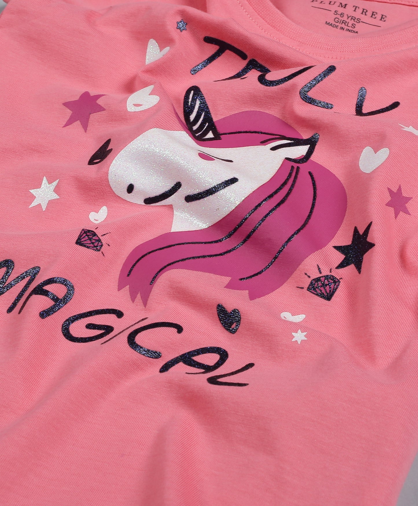 Plum Tree Girls Unicorn Magical Print T-shirt ( Pack of 2)-PINK & STRIPER