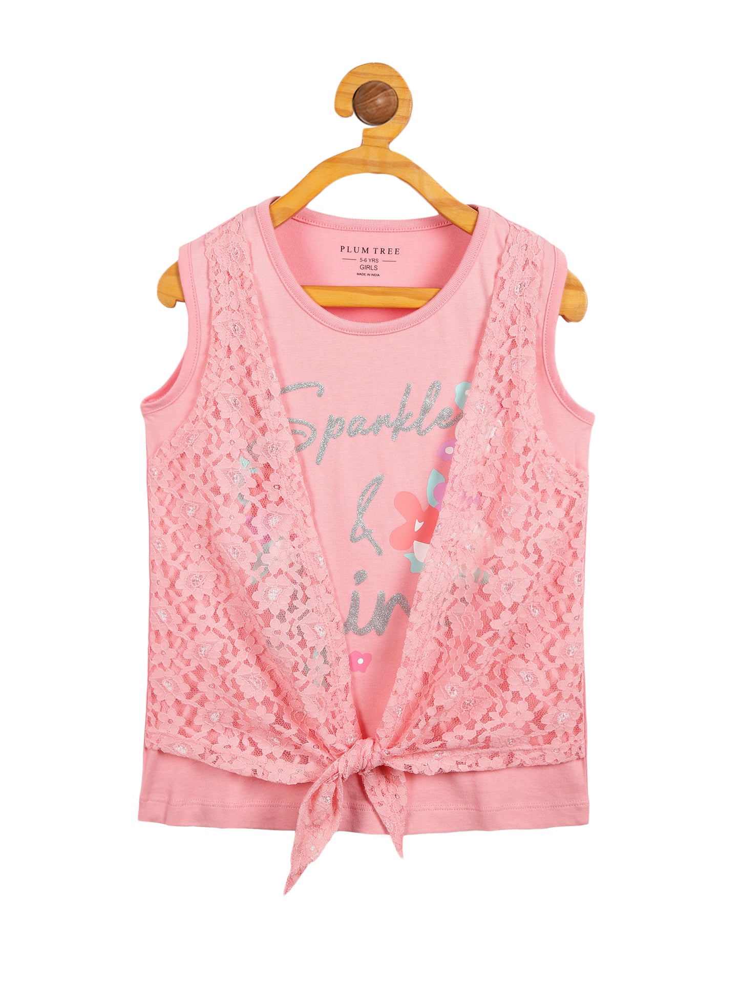 Girls Set of 2 printed pure cotton Sleeveless T-shirts attached with Lace Shrug-CORAL NAVY