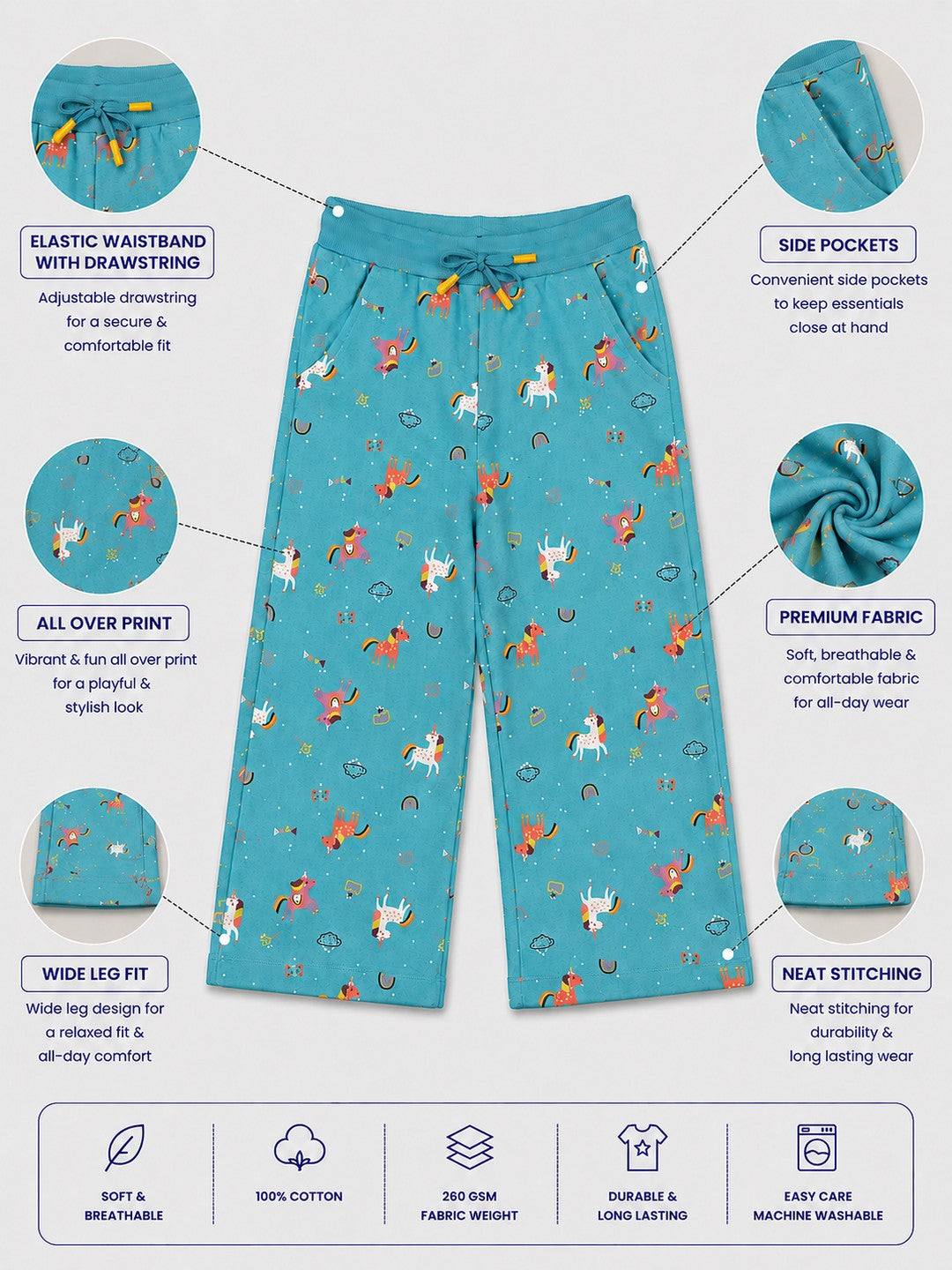 Girls Premium Soft Cotton Printed Wide Leg Pant