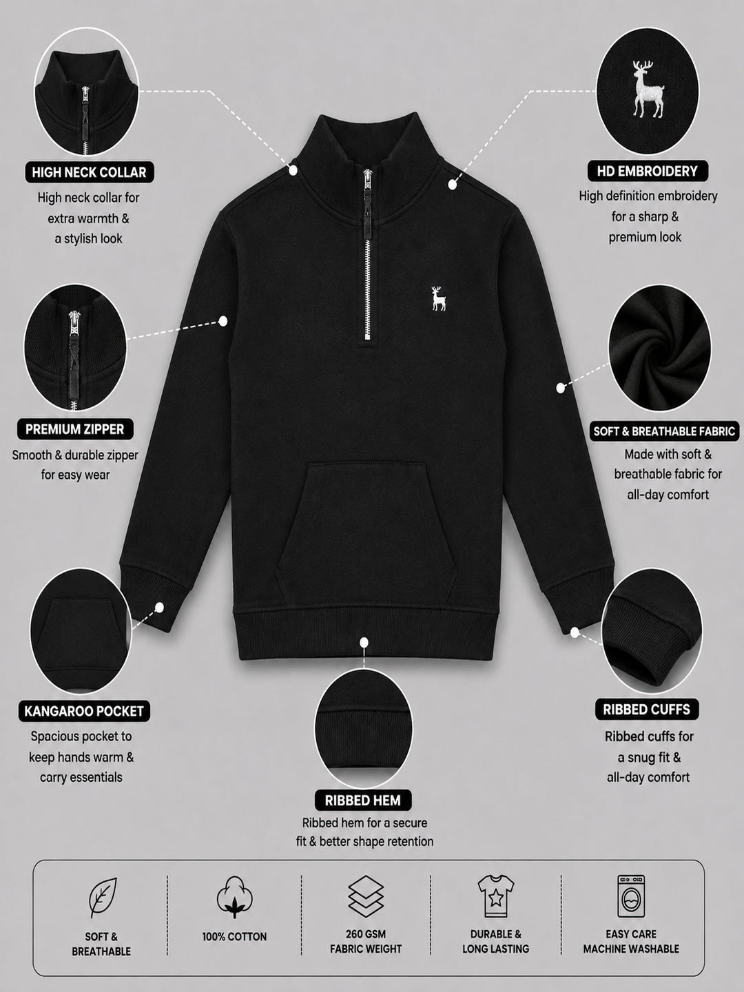 Boys Premium Soft cotton full sleeve Hi-Neck Half Zipper Sweatshirt