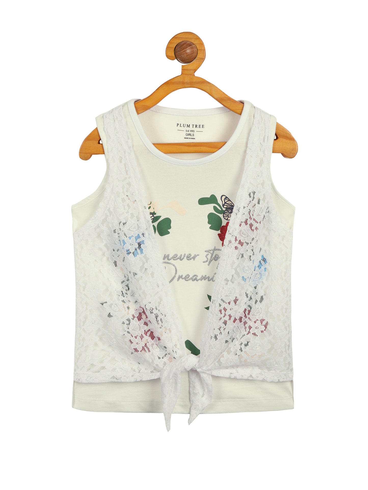 Girls Set of 2 printed pure cotton Sleeveless T-shirts attached with Lace Shrug-PEARL WHITE YELLOW