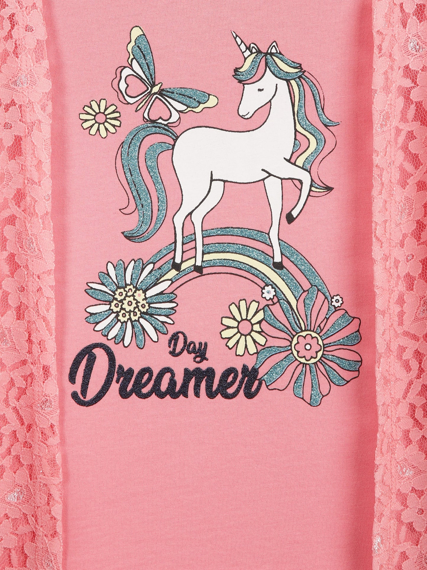 Girls Set of 2 printed pure cotton Sleeveless T-shirts attached with Lace Shrug-CORAL GREEN