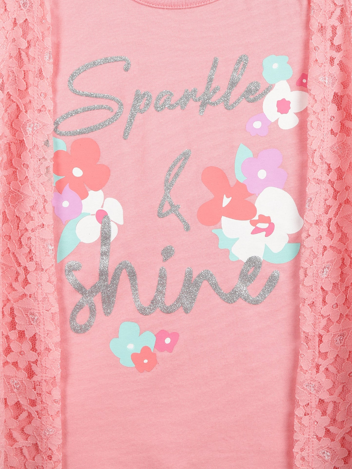 Girls Set of 2 printed pure cotton Sleeveless T-shirts attached with Lace Shrug-CORAL NAVY