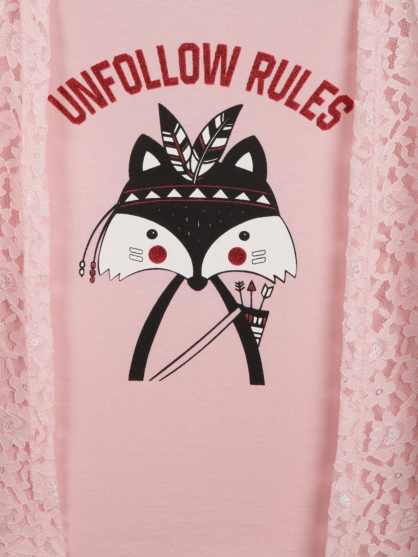 Girls Set of 2 printed pure cotton Sleeveless T-shirts attached with Lace Shrug-PINK NAVY