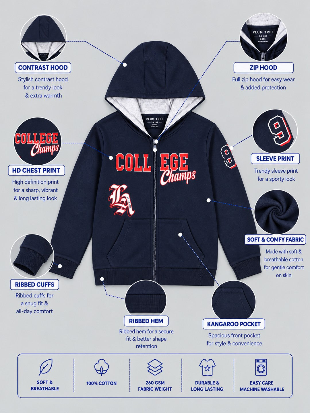 Boys Premium Soft Cotton Full Zipper Printed Hooded Sweatshirt