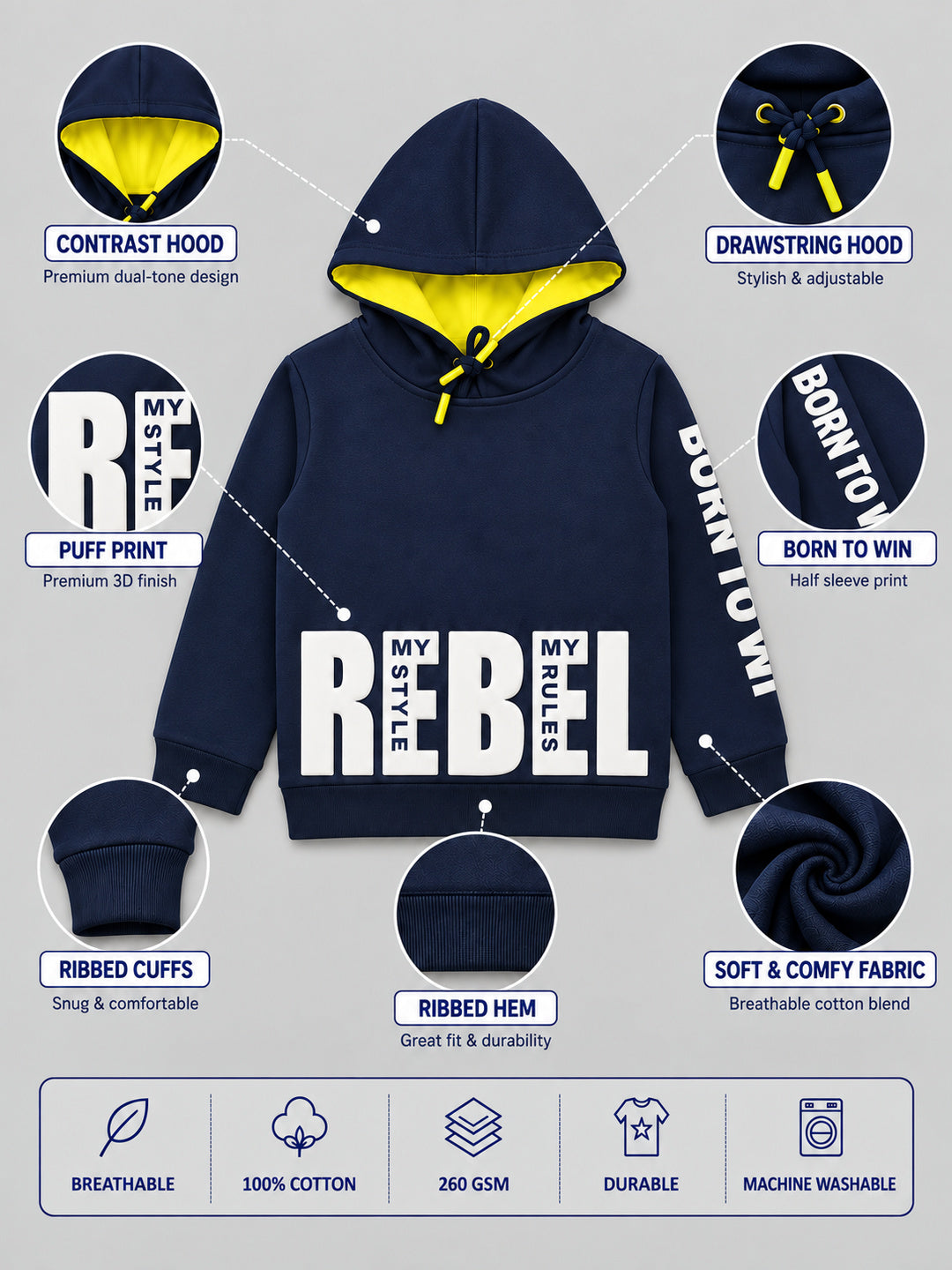Boys Premium Soft Cotton Full Sleeve Printed Hooded Sweatshirt