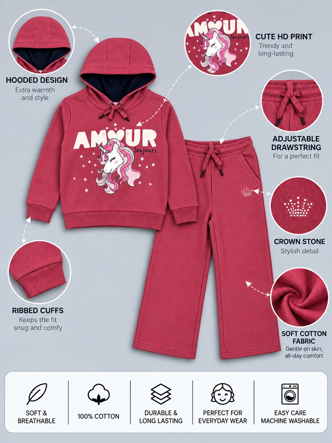 Girls Premium Soft Cotton Hooded Sweatshirt and Wide Leg Pant Set