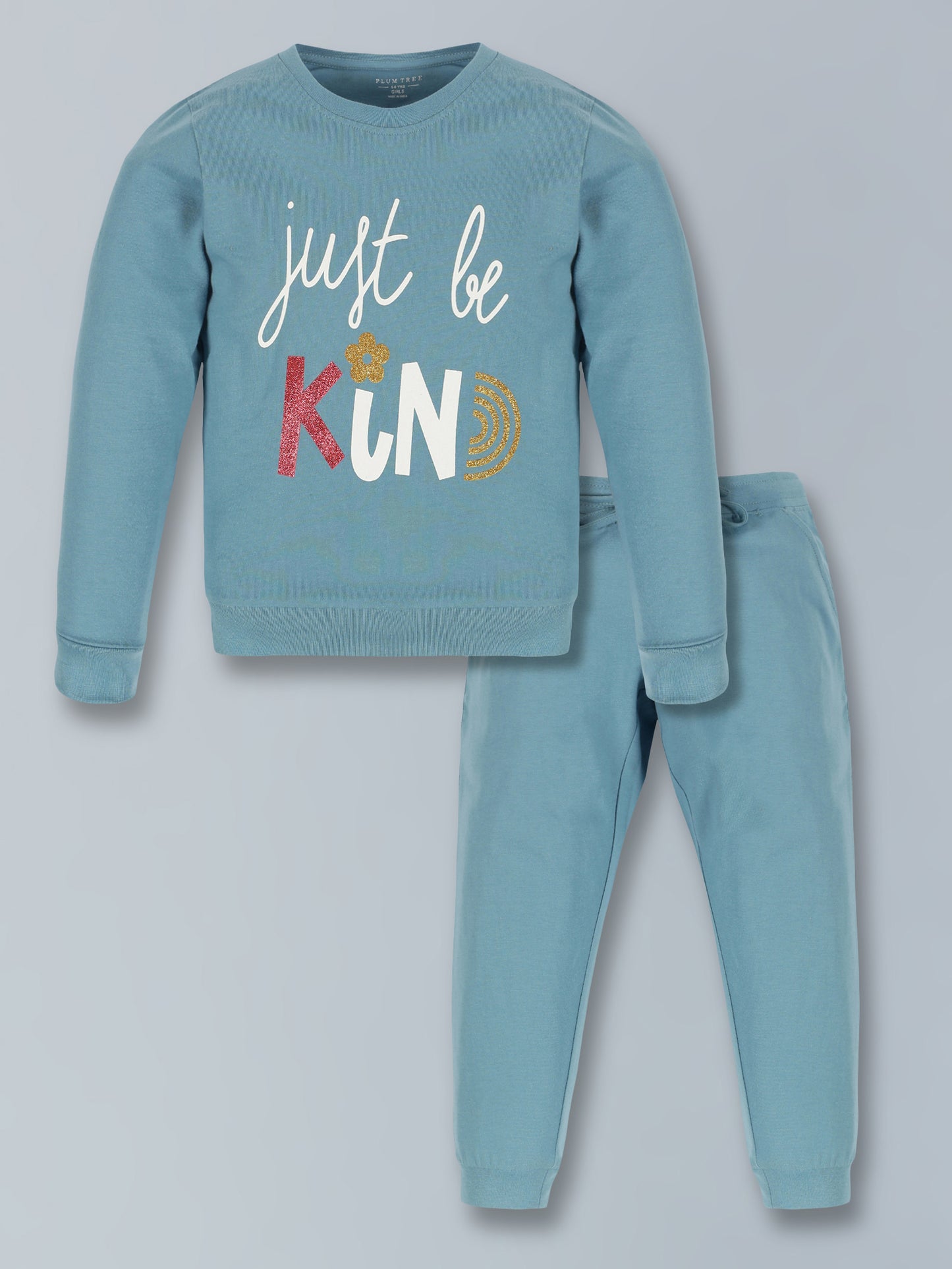 Plum Tree Girls 100% Cotton Text Print Full Sleeve T-Shirt and Jogger Lounge 2-Piece Set
