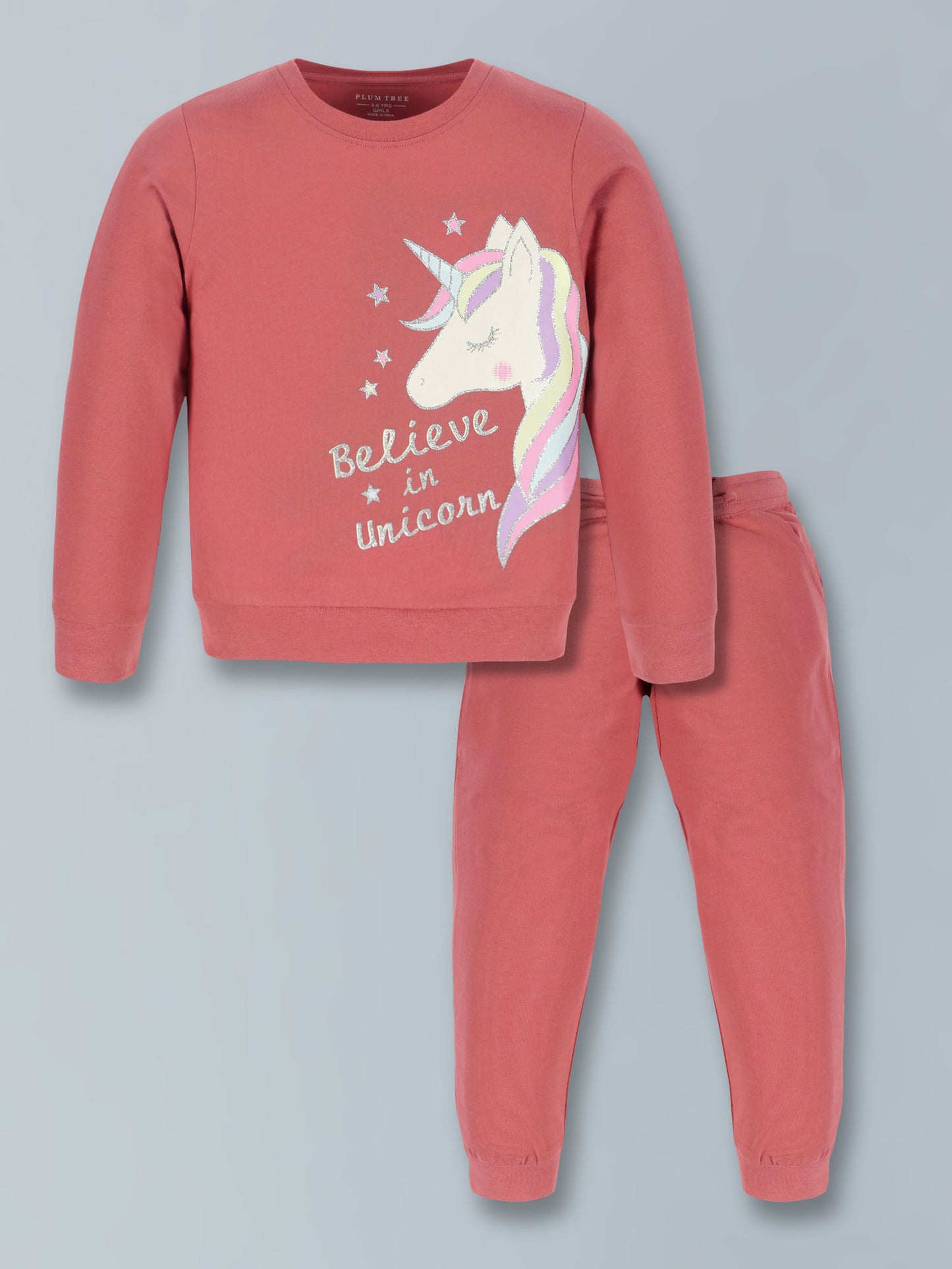 Plum Tree Girls 100% Cotton Unicorn Print Full Sleeve T-Shirt and Jogger Lounge 2-Piece Set