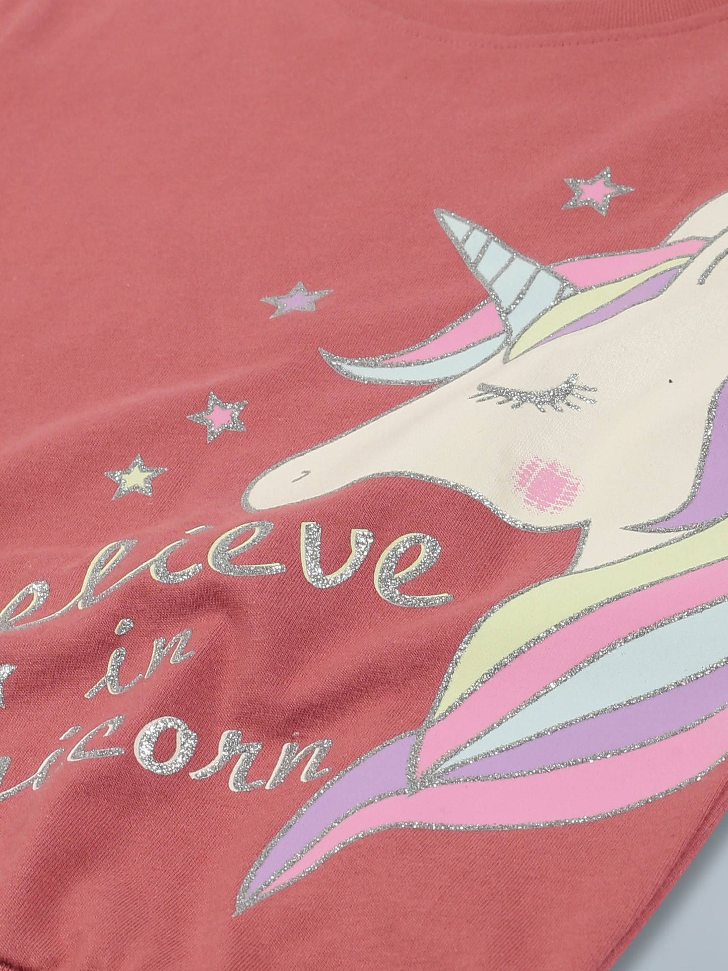 Plum Tree Girls 100% Cotton Unicorn Print Full Sleeve T-Shirt and Jogger Lounge 2-Piece Set