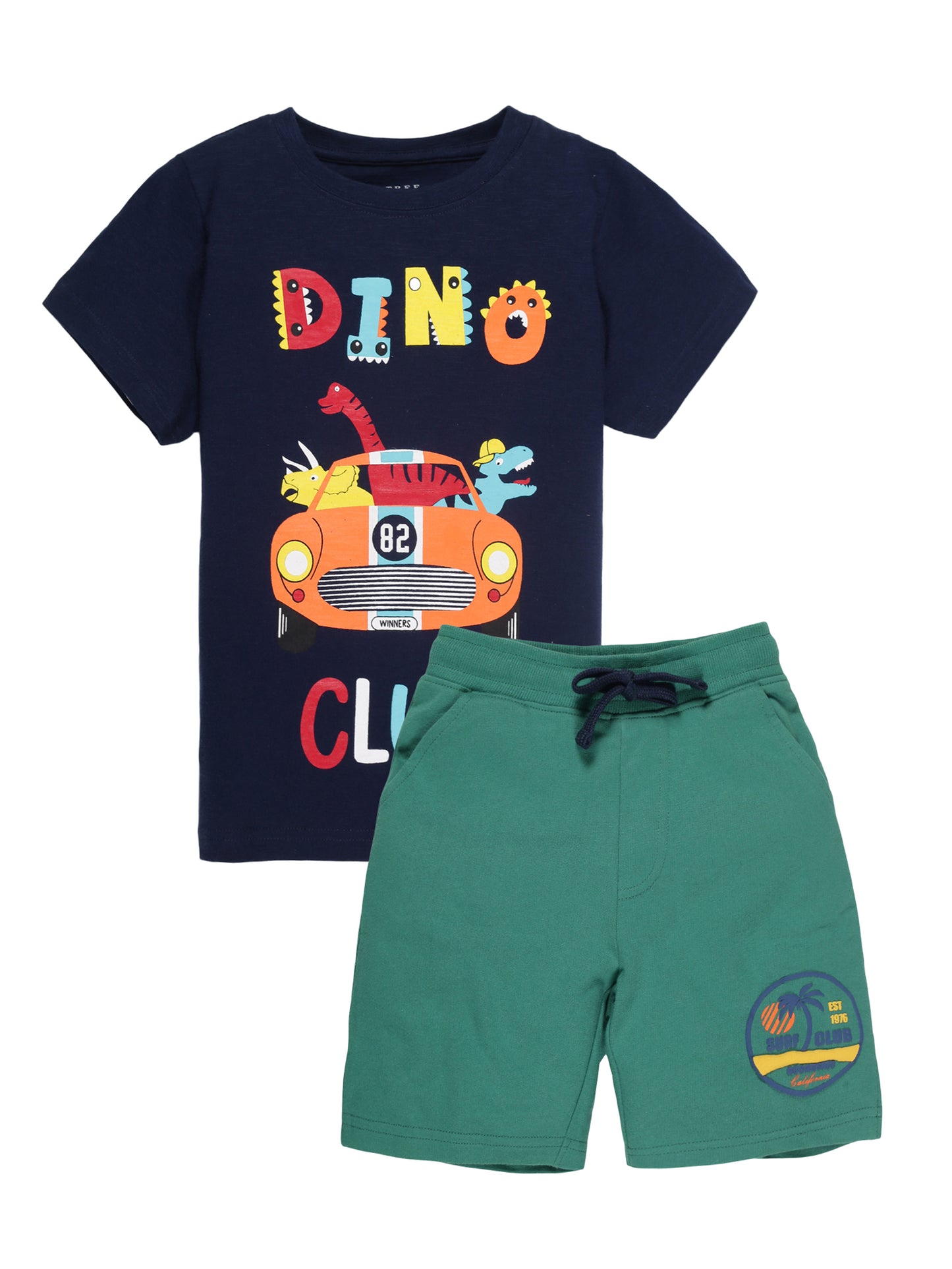 Plum Tree Boys Half Sleeve Dino Print T-shirt & Shorts ( Sets)-NAVY GREEN