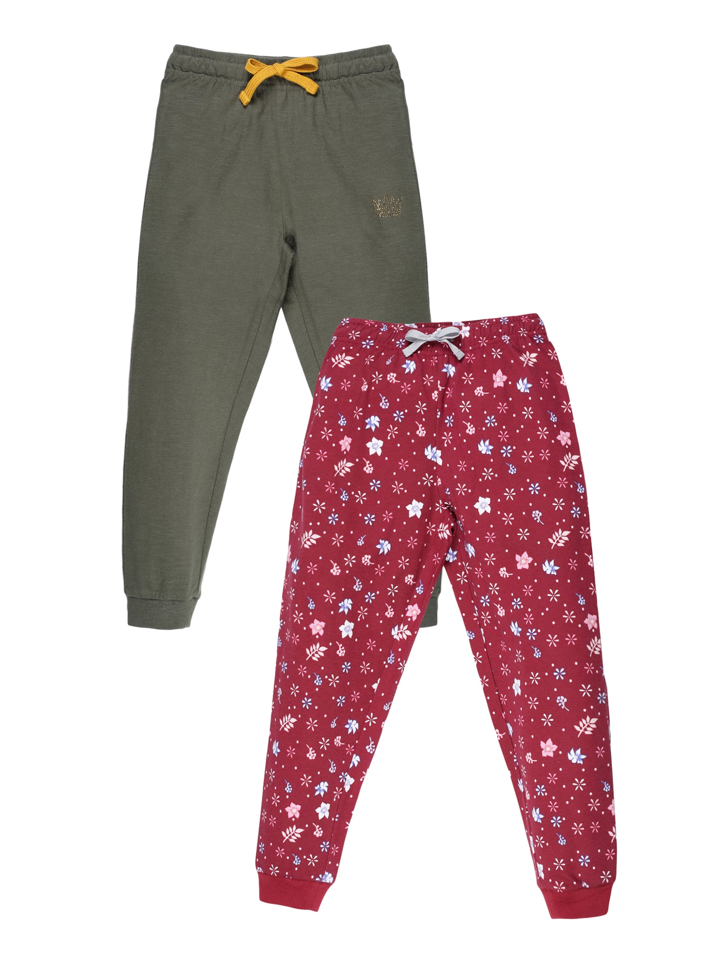 Plum Tree Girls Printed and solid Joggers( Pack of 2)-DARK RED OLIVE GREEN