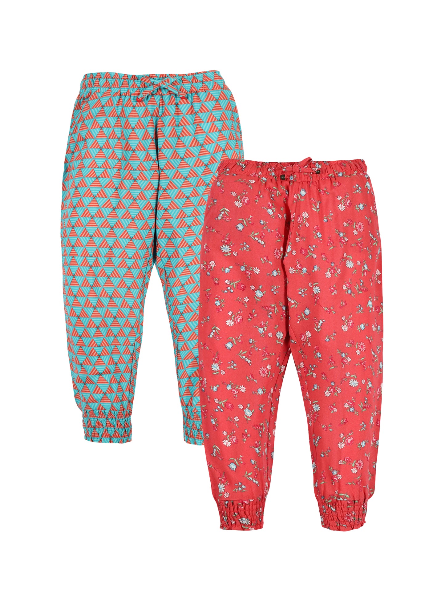 Plum Tree Girls Flower Print Rayon Pant ( Pack of 2)CORAL AOP GREEN AOP