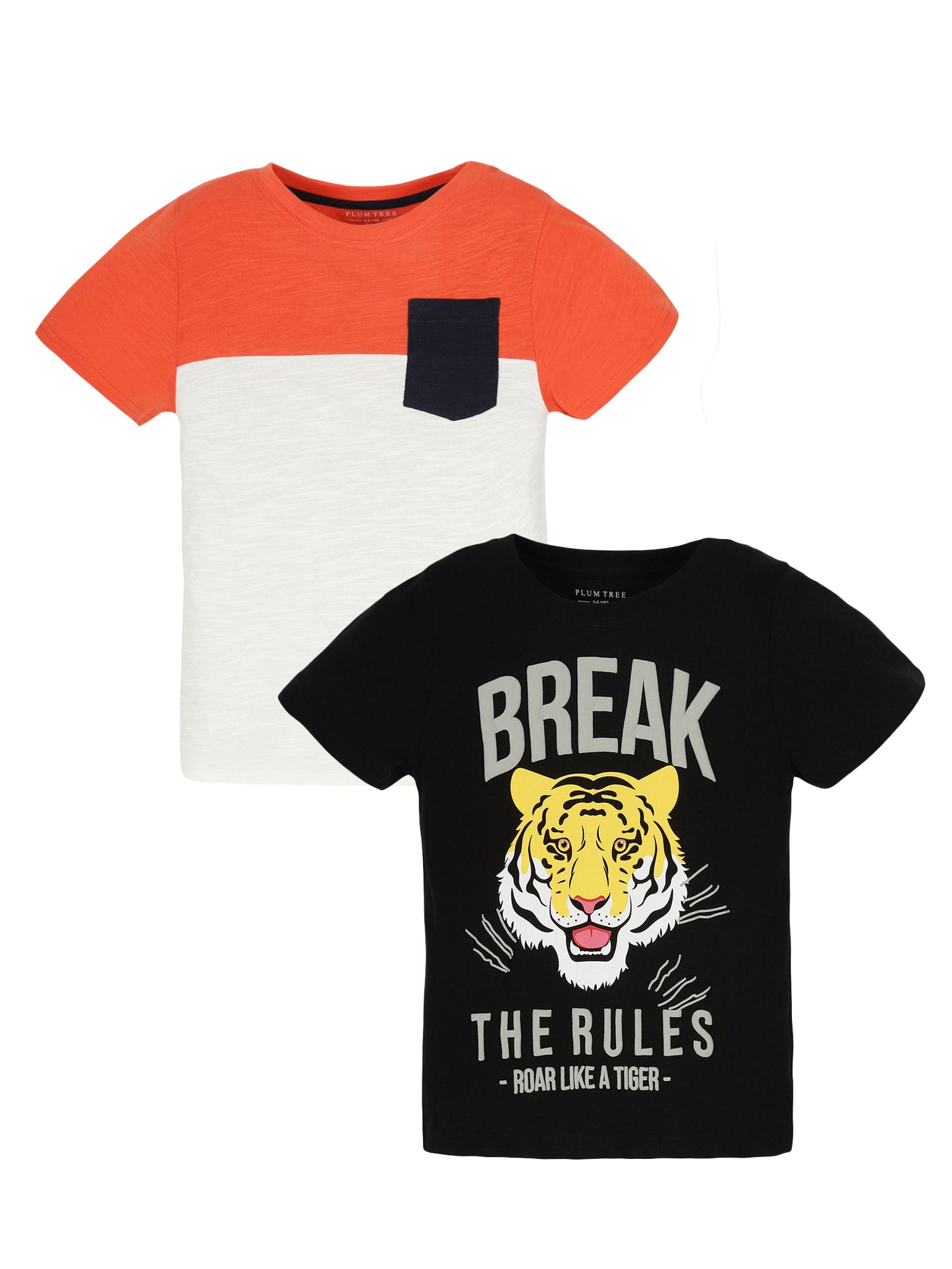 Plum Tree Boys Half Sleeve Tiger Print T-shirt( Pack of 2)-OFF WHITE BLACK