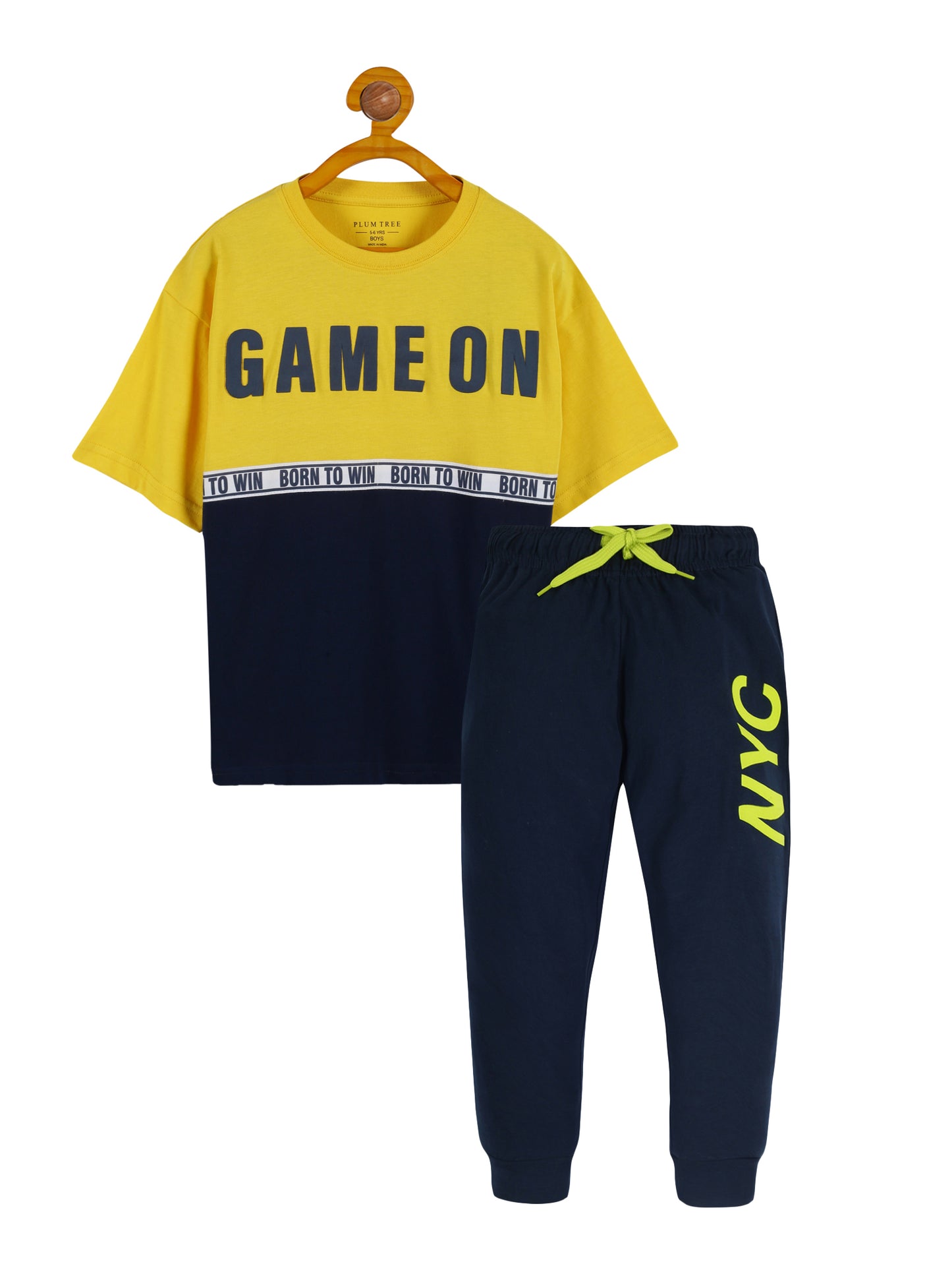 Plum Tree Boys Half Sleeve Game On Print T-shirt & Jogger ( Sets)-YELLOW NAVY