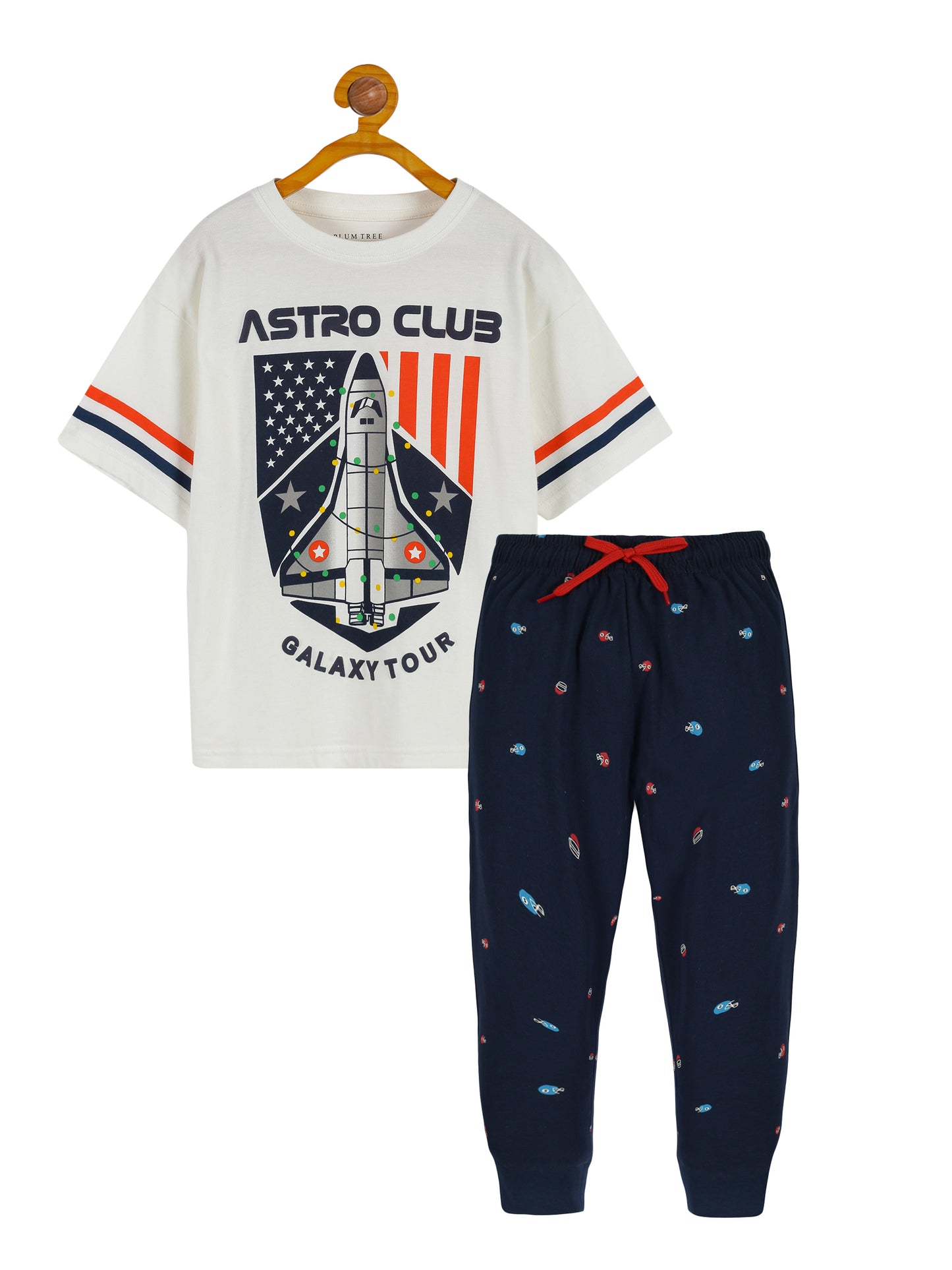 Plum Tree Boys Half Sleeve Rocket Print T-shirt & Jogger ( Sets)-OFF WHITE NAVY AOP