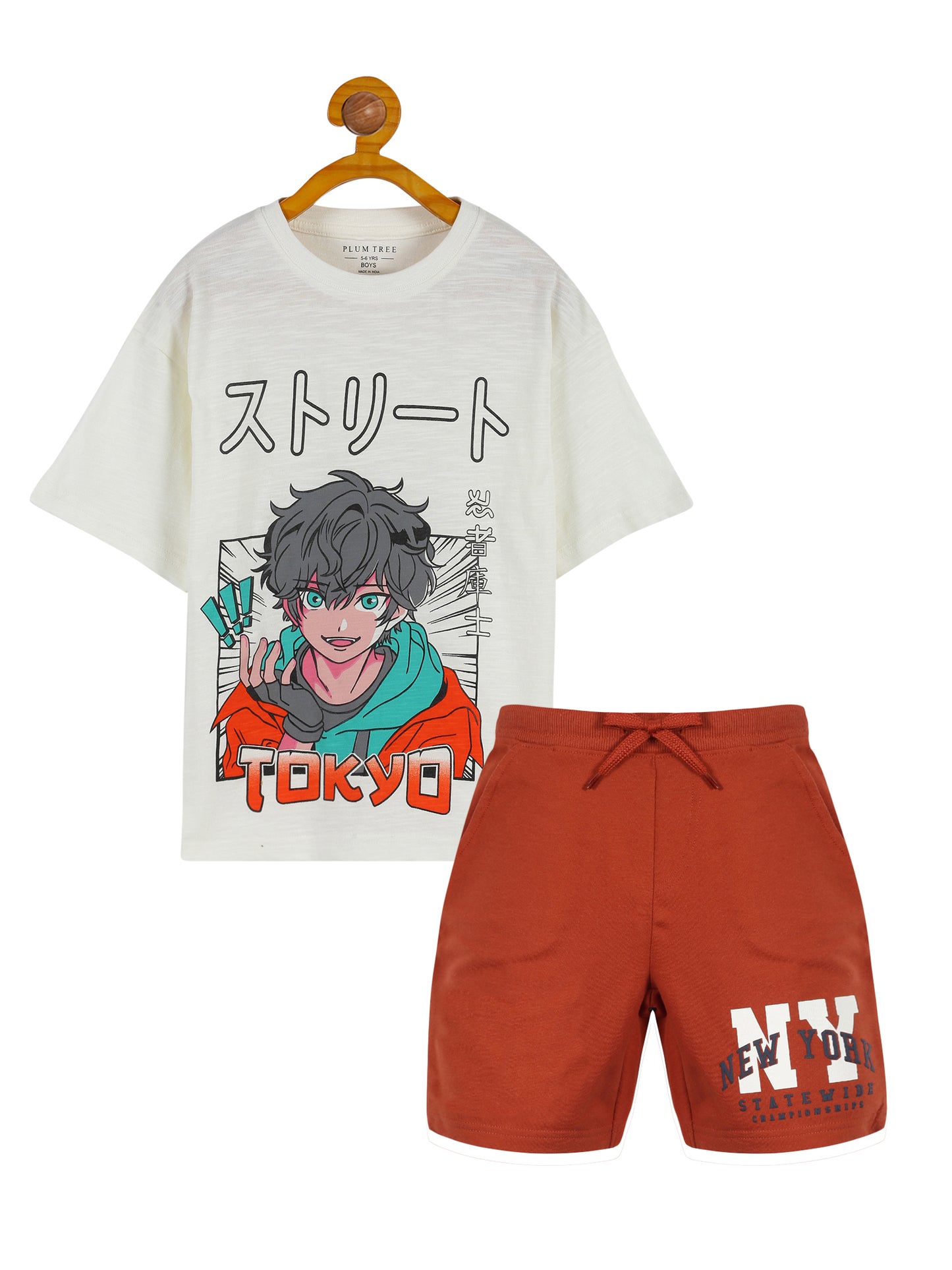 Plum Tree Boys Half Sleeve Tokyo Print T-shirt & Shorts ( Sets)-OFF WHITE ORANGE