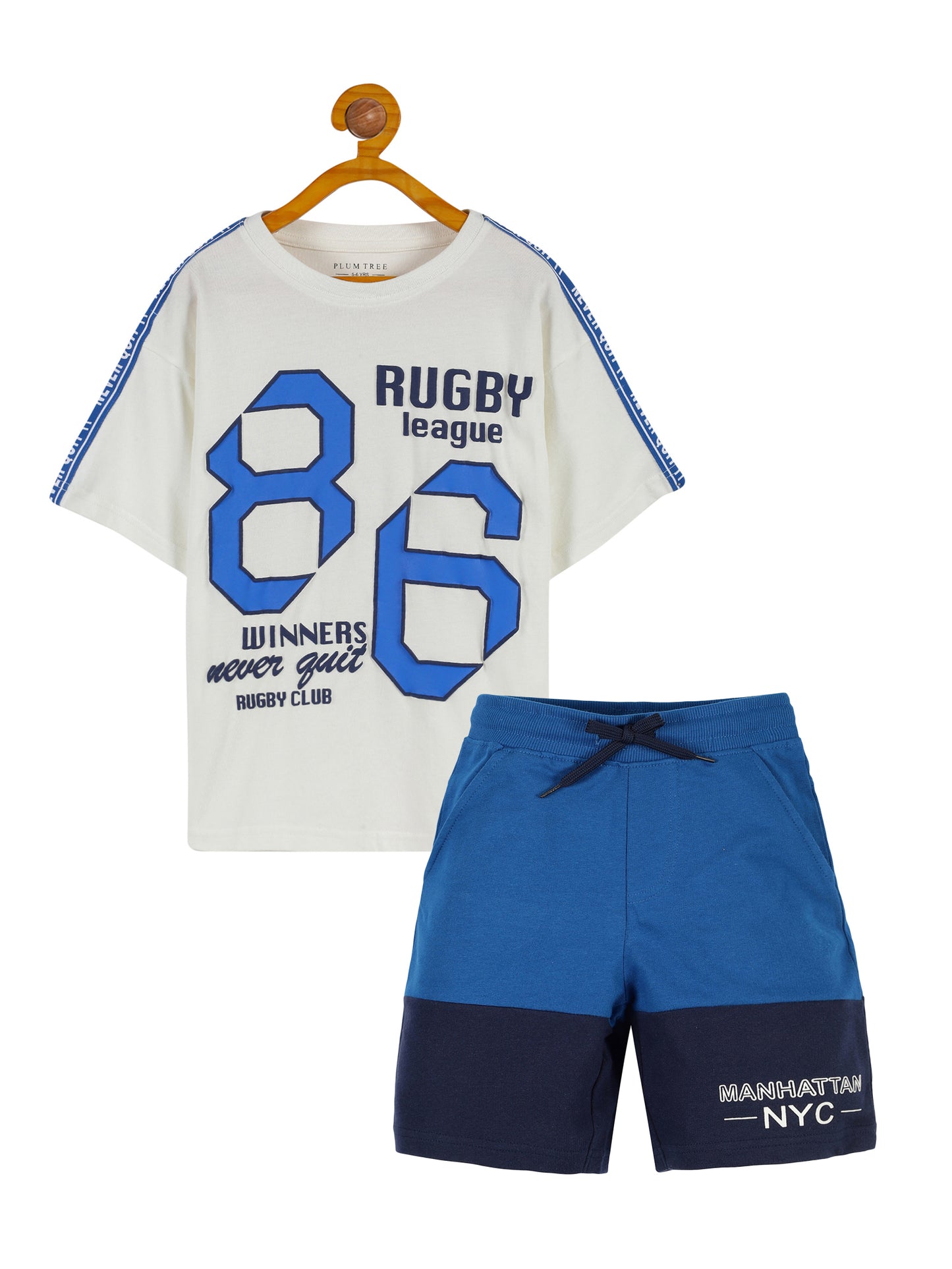 Plum Tree Boys Half Sleeve Rugby Club Print T-shirt & Shorts ( Sets)-OFF WHITE COBALT