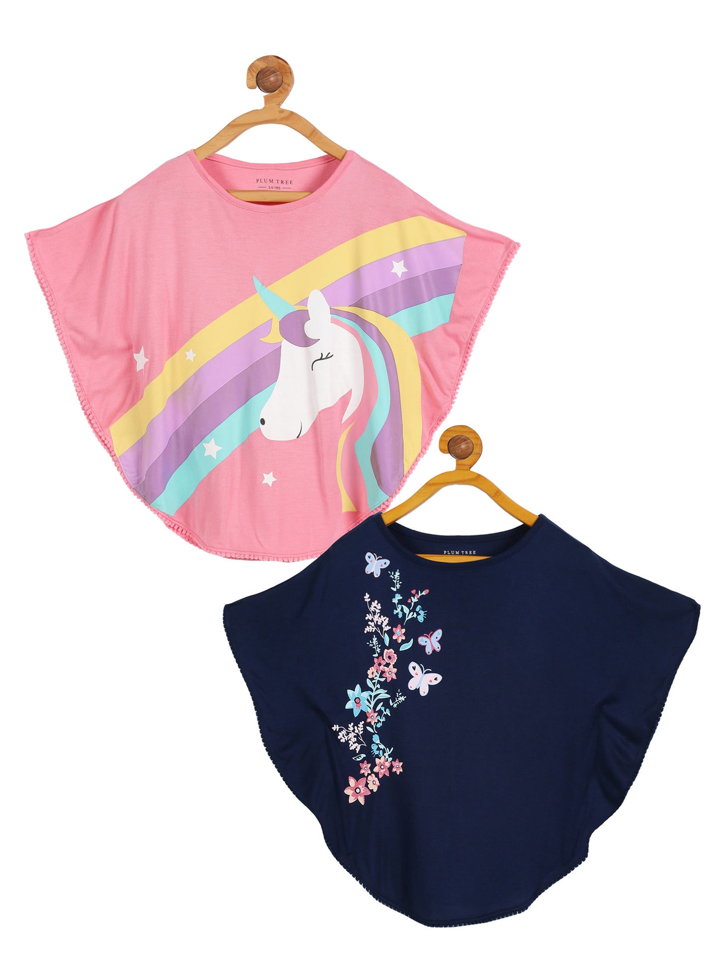 Plum Tree Girls Poncho Unicorn Print T-shirt( Pack of 2)-PINK NAVY