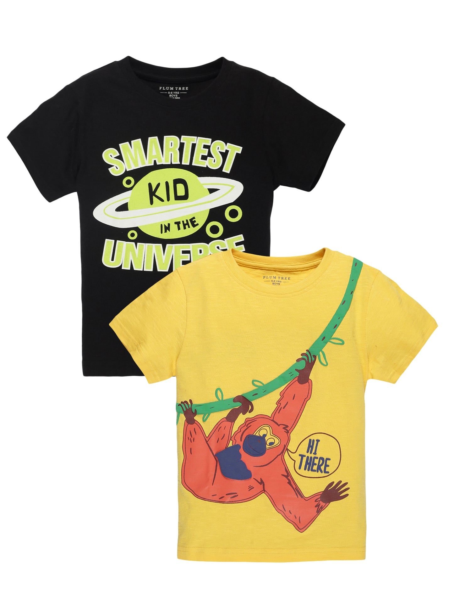 Plum Tree Boys Half Sleeve Monkey Print T-shirt( Pack of 2)-YELLOW BLACK