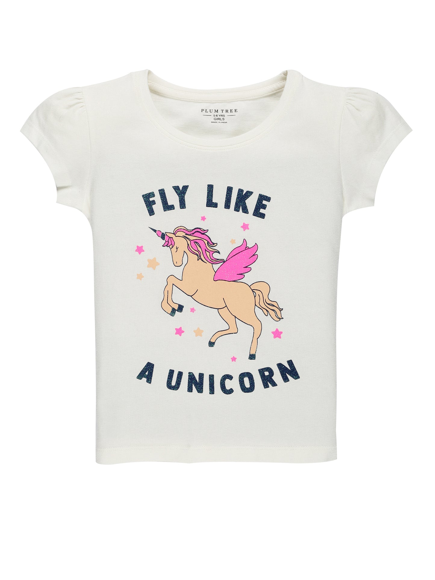 Plum Tree Girls Half Sleeve Unicorn & Icecream Print T-shirt( Pack of 2)-WHITE NAVY