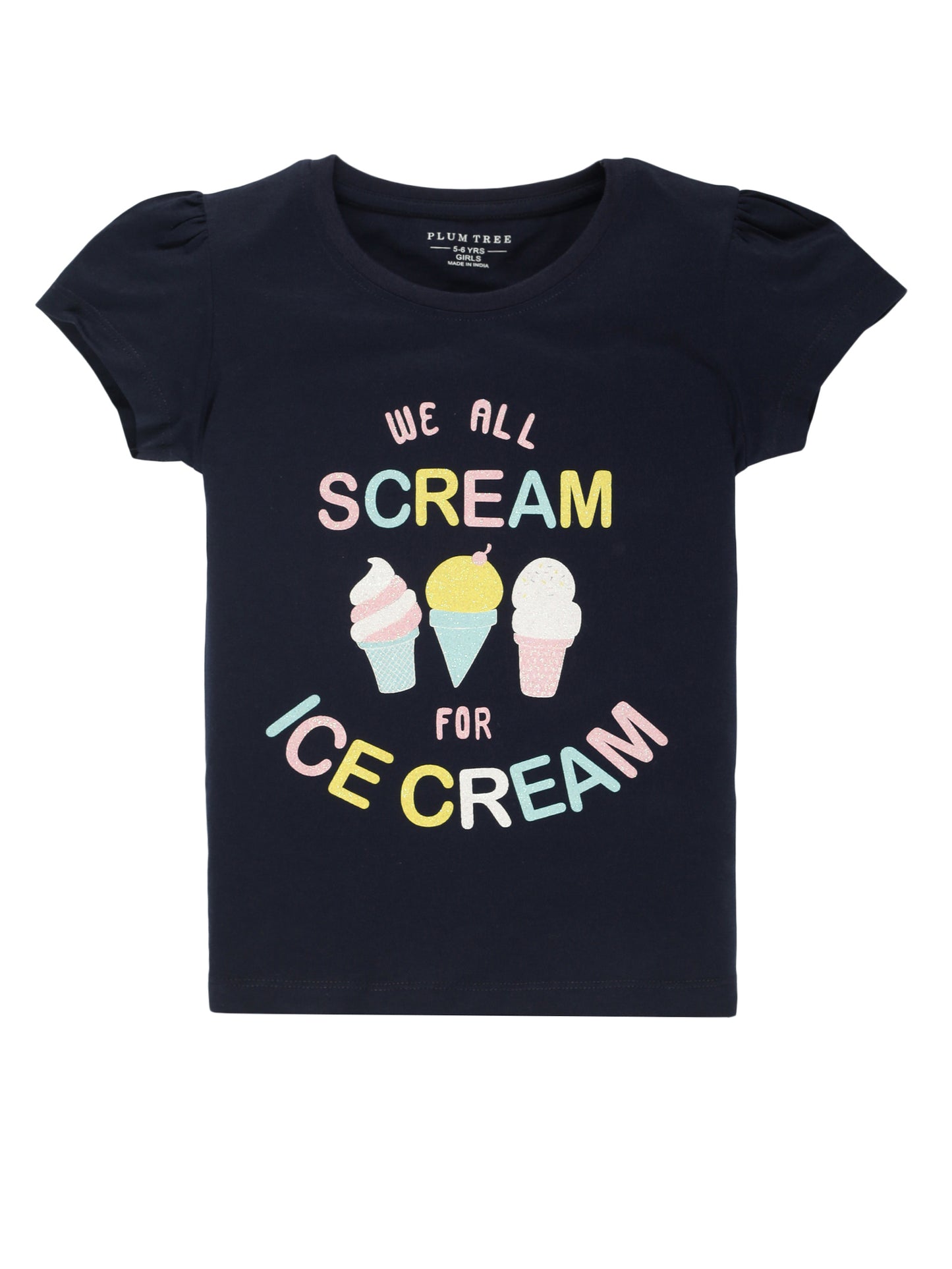 Plum Tree Girls Half Sleeve Unicorn & Icecream Print T-shirt( Pack of 2)-WHITE NAVY
