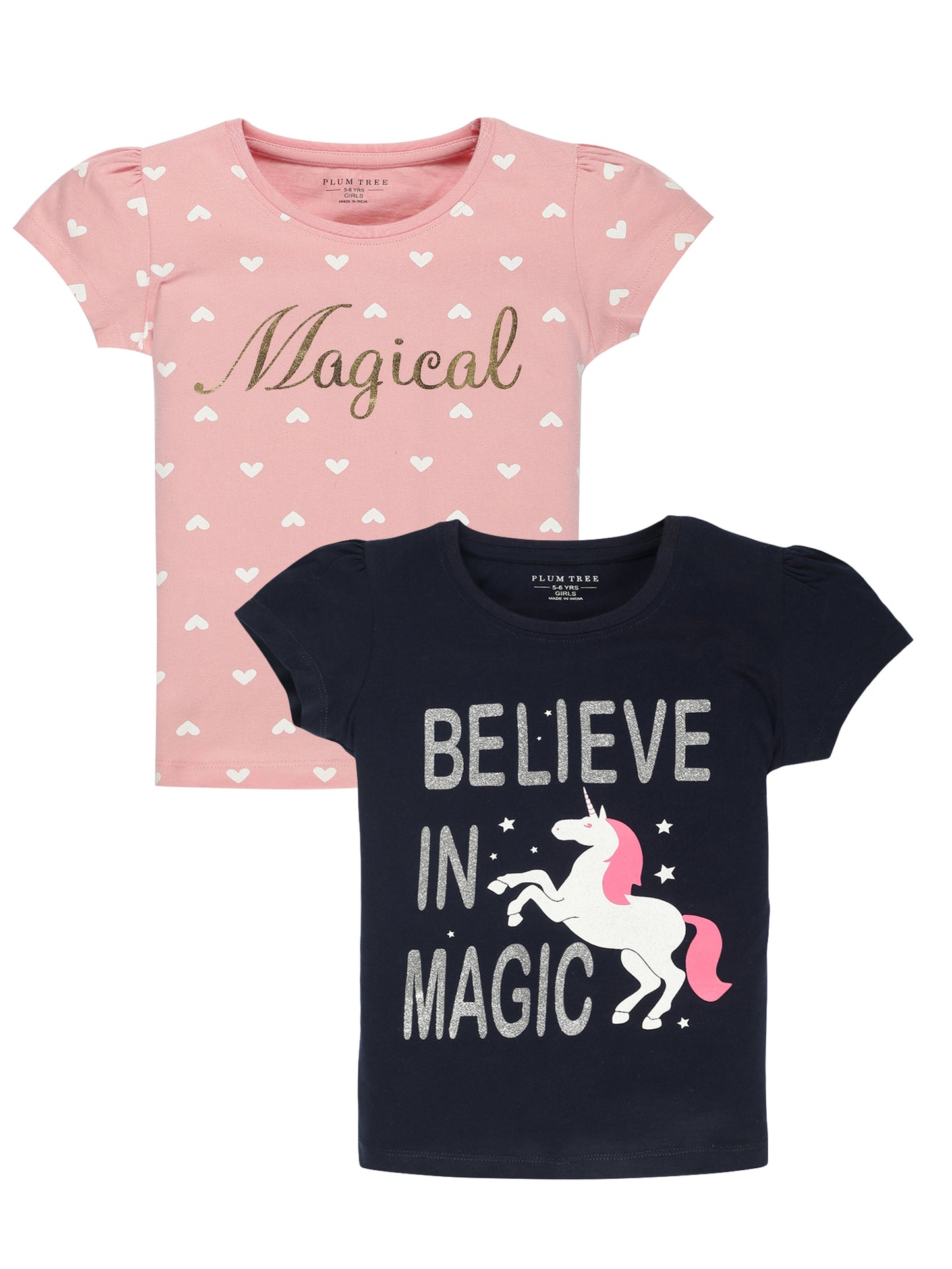 Plum Tree Girls Half Sleeve Unicorn & Polka Print T-shirt( Pack of 2)-NAVY PINK
