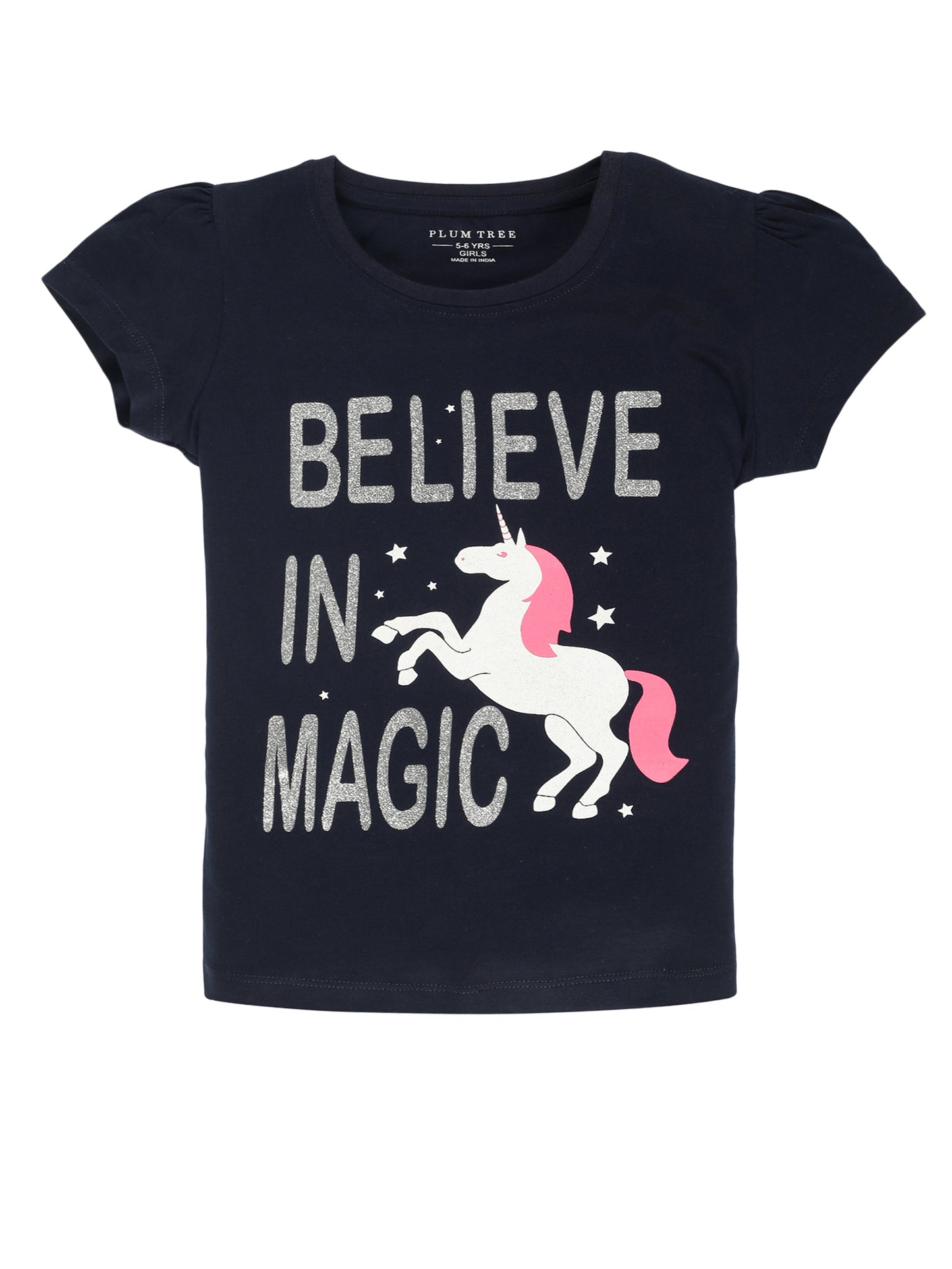 Plum Tree Girls Half Sleeve Unicorn & Polka Print T-shirt( Pack of 2)-NAVY PINK