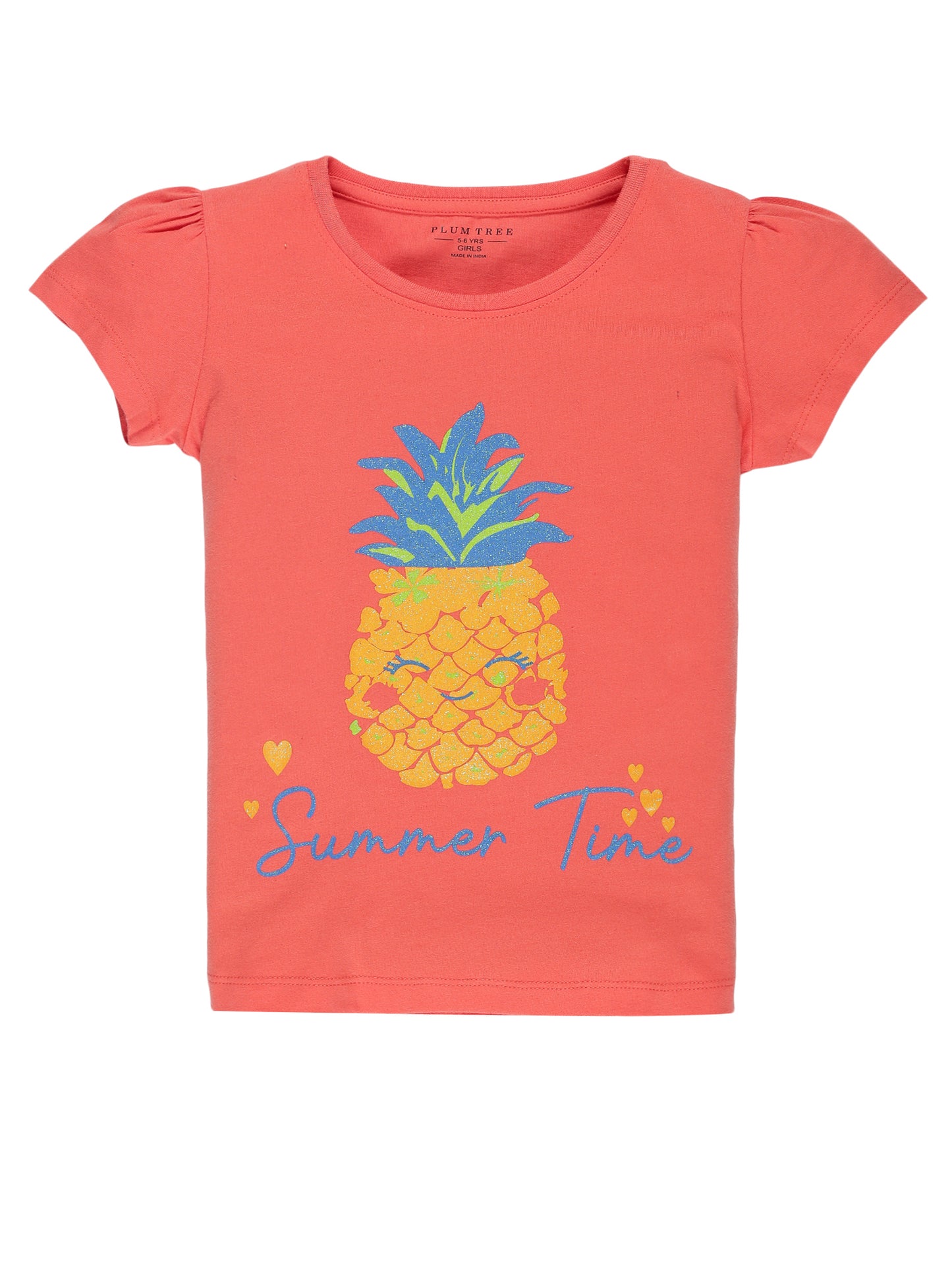 Plum Tree Girls Half Sleeve Summer Time Print T-shirt( Pack of 2)-CORAL WHITE