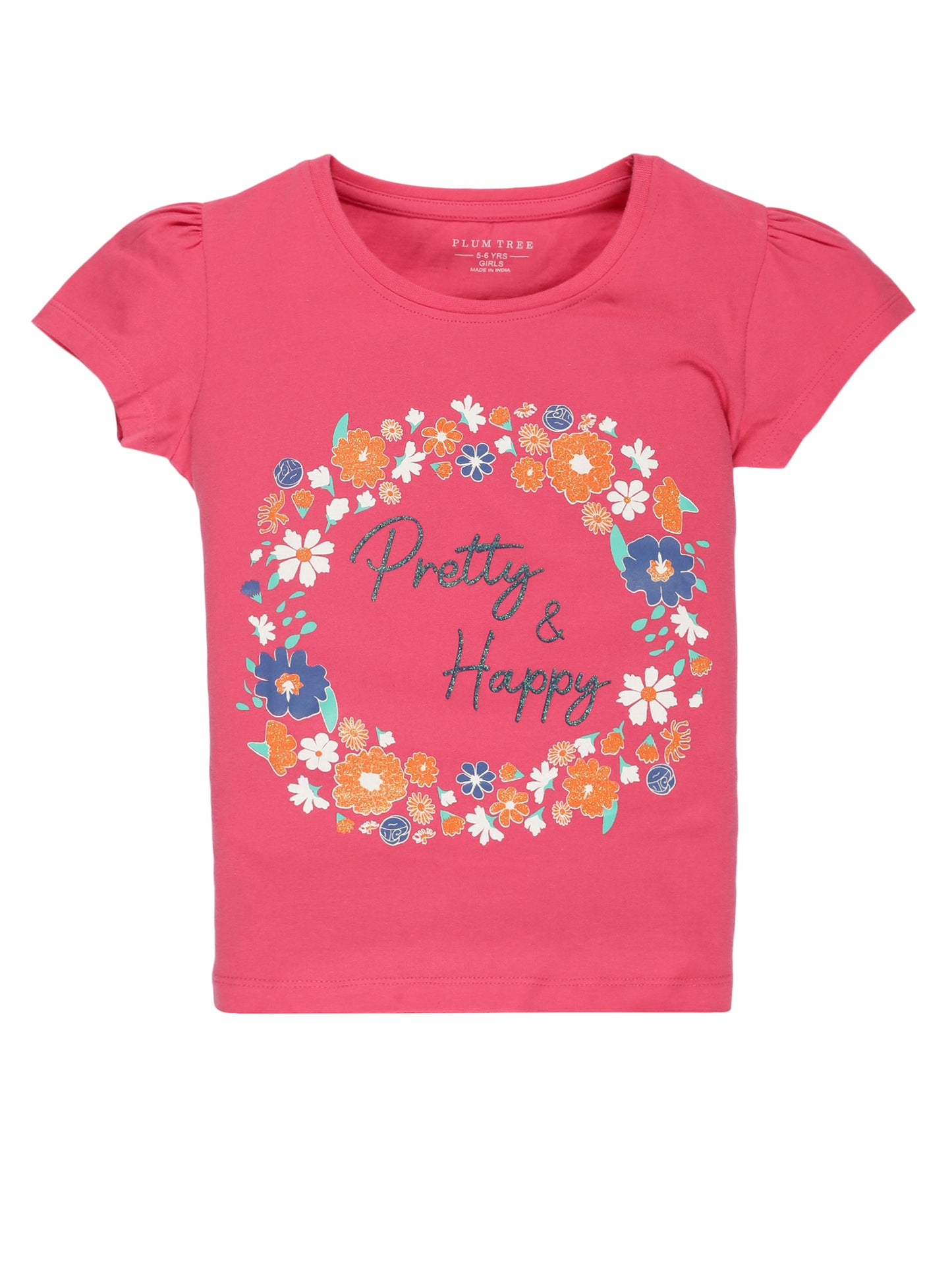 Plum Tree Girls Half Sleeve Floral Print T-shirt( Pack of 2)-WHITE PINK