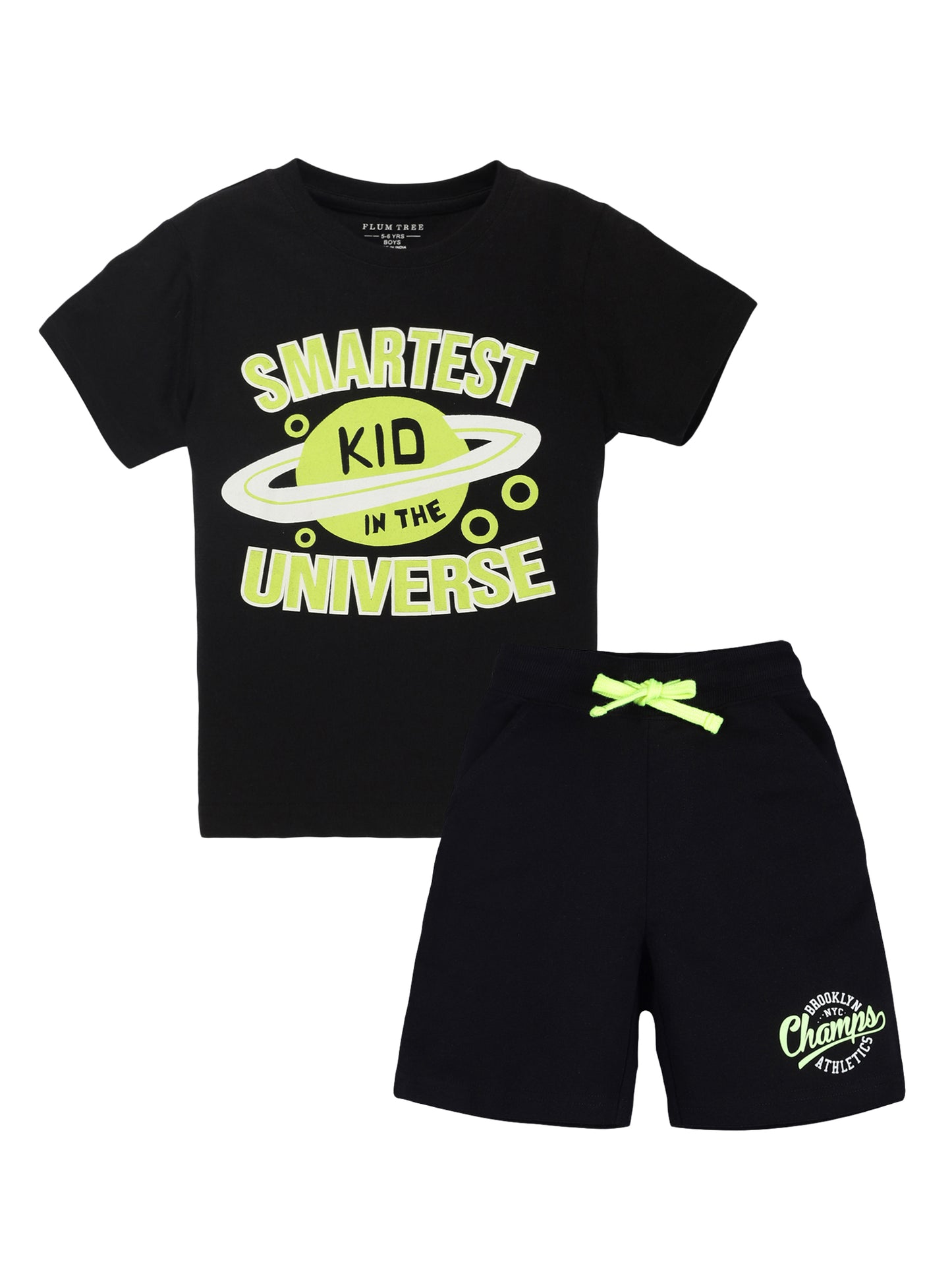 Plum Tree Boys Half Sleeve Universe Print T-shirt & Shorts ( Sets)-BLACK BLACK