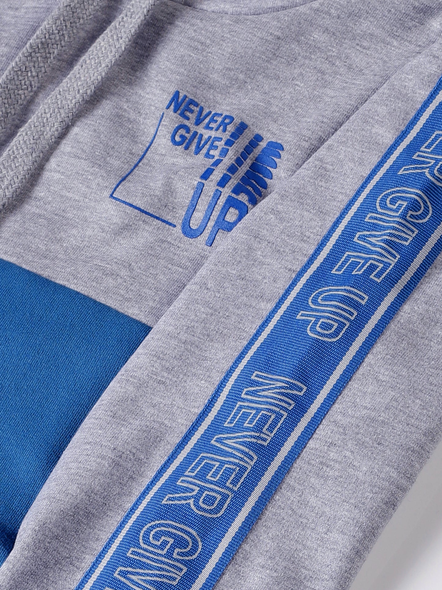 Boys Never Give Up Print Hoodie Sweatshirt- Blue