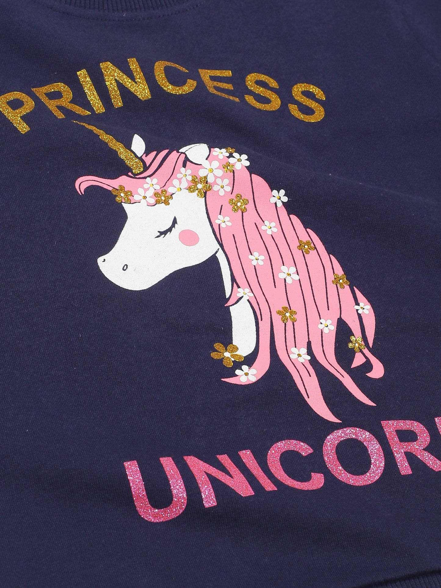 Girls Unicorn print Round neck Pullover Sweatshirt- Navy