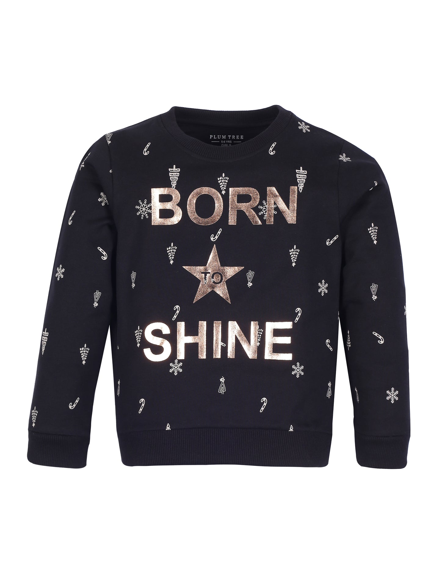 Girls Shine print Round neck Pullover Sweatshirt- Black