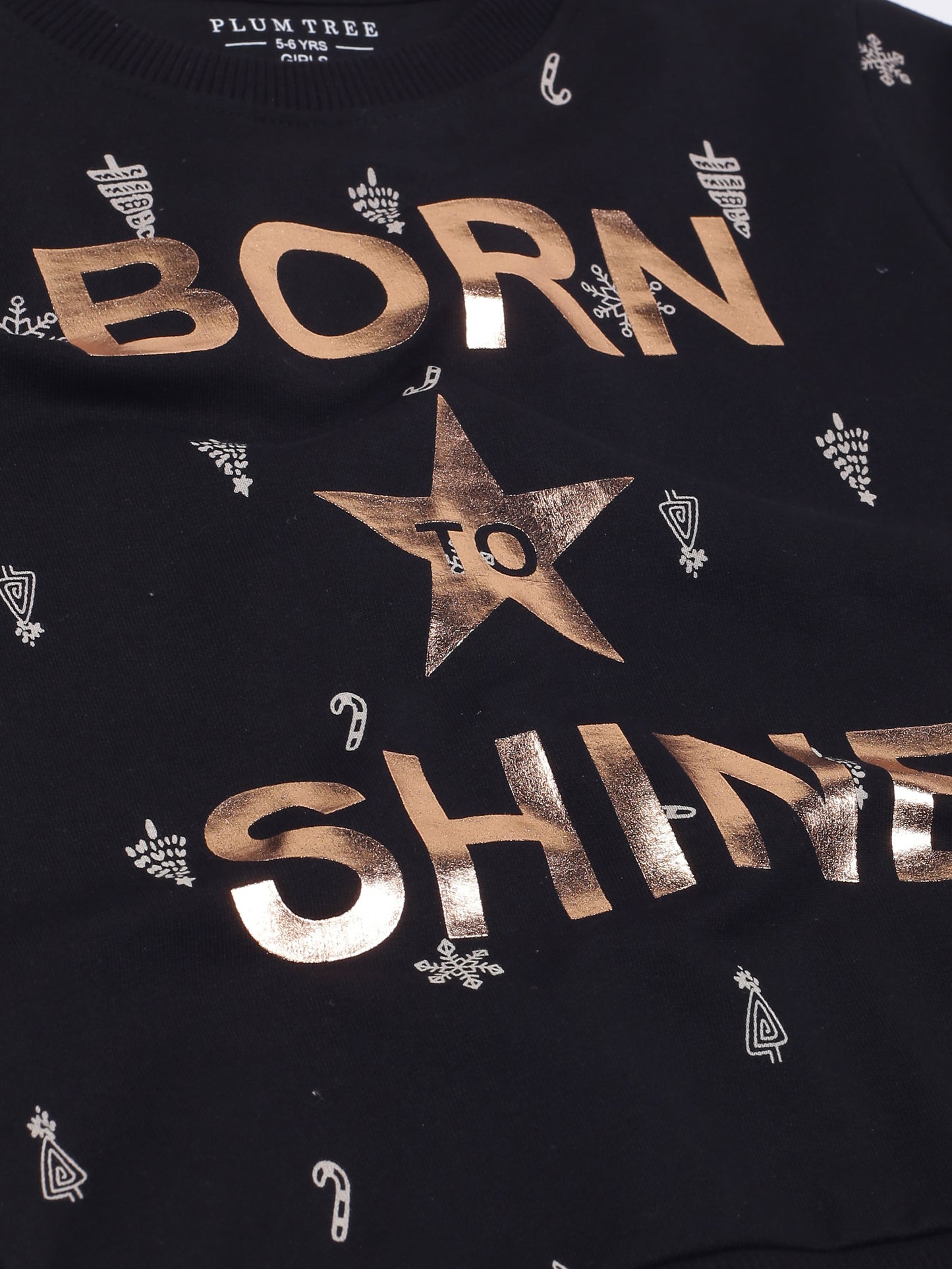 Girls Shine print Round neck Pullover Sweatshirt- Black