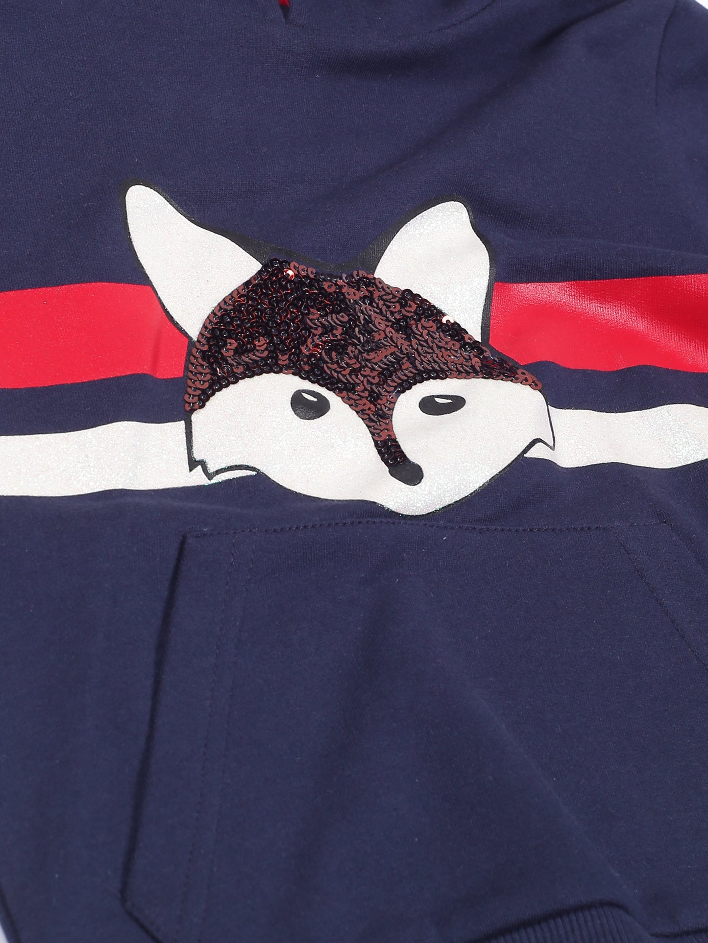 Girls Cat Print Hoodie Sweatshirt- Navy