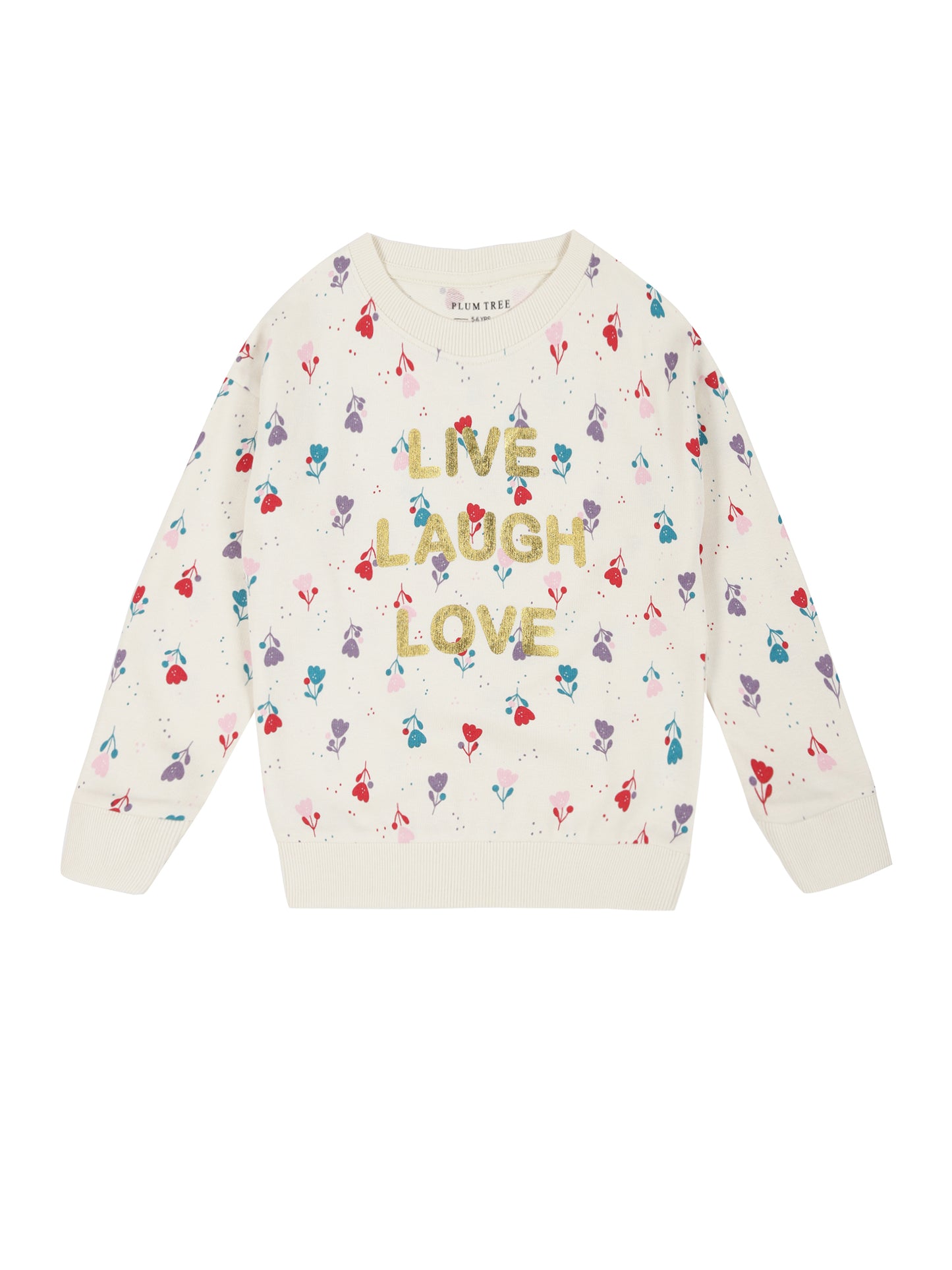 Flower AOP & Live Laugh Love Pullover Crew Neck Sweatshirt - Vanilla