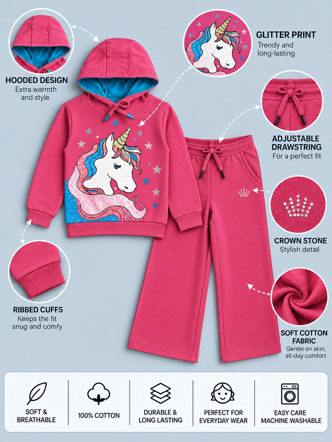 Girls Premium Soft Cotton Hooded Sweatshirt and Wide Leg Pant Set