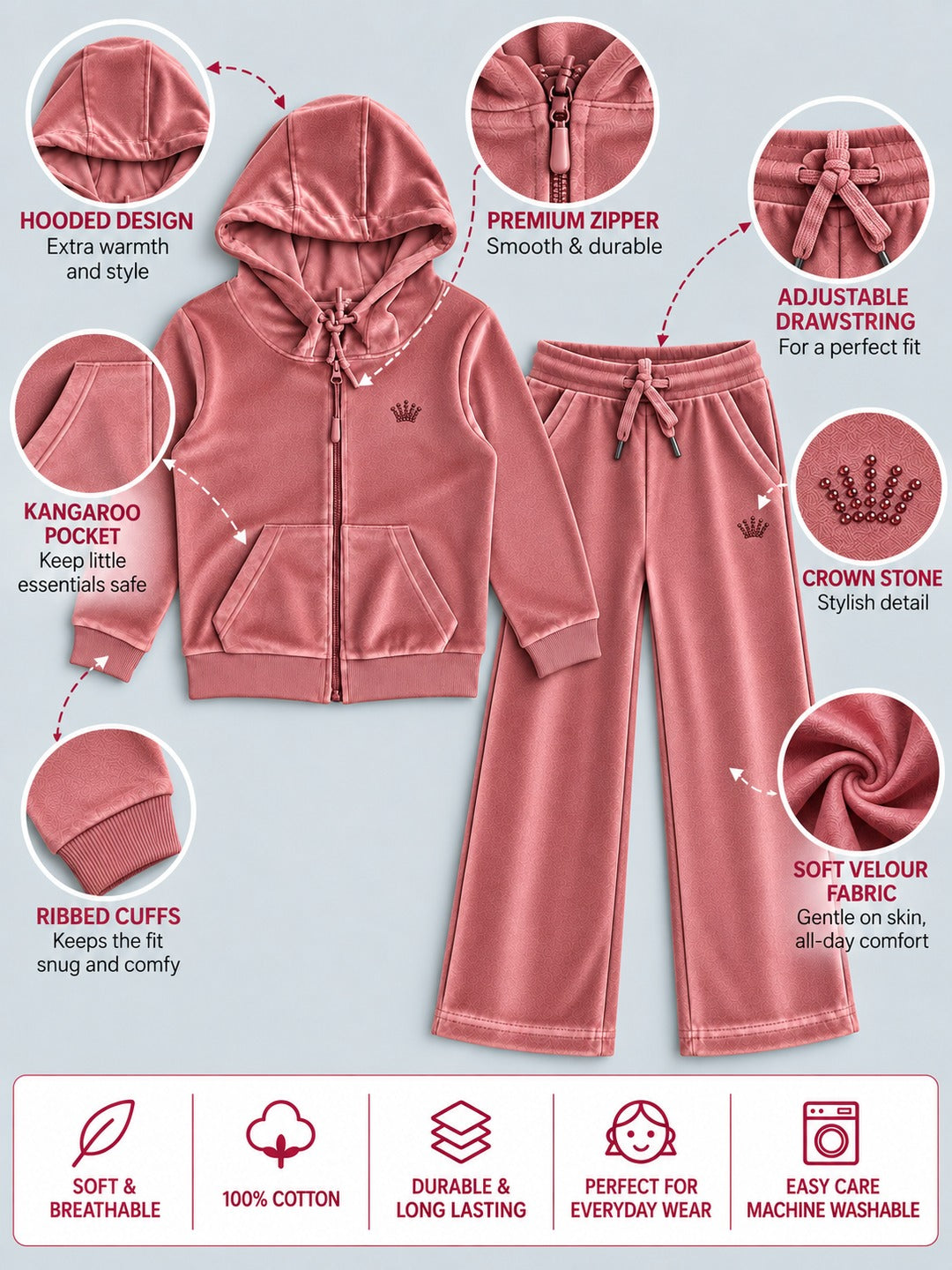 Girls Premium Velour Full Zipper Hooded Sweatshirt and Wide Leg Pant Set