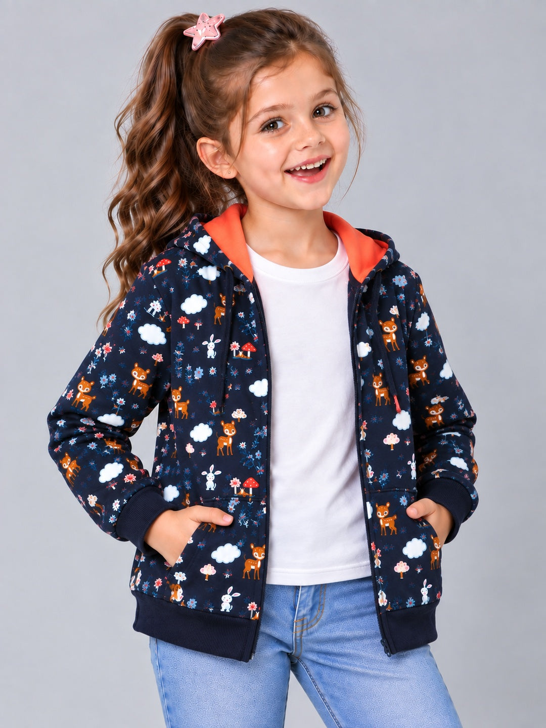 Girls Premium Soft cotton Full Zipper Printed Hooded Sweatshirt