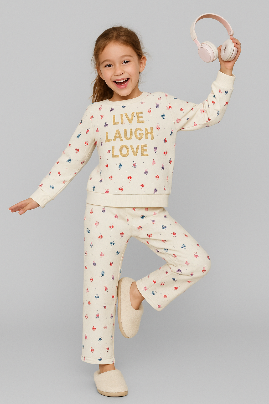 Glitter Printed Round Neck Pullover Sweatshirt and Printed Jogger set- Off White