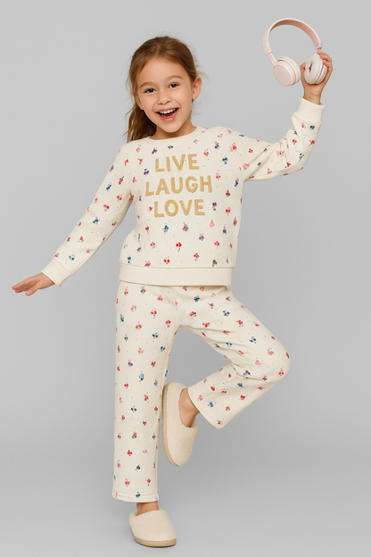 Glitter Printed Round Neck Pullover Sweatshirt and Printed Jogger set- Off White