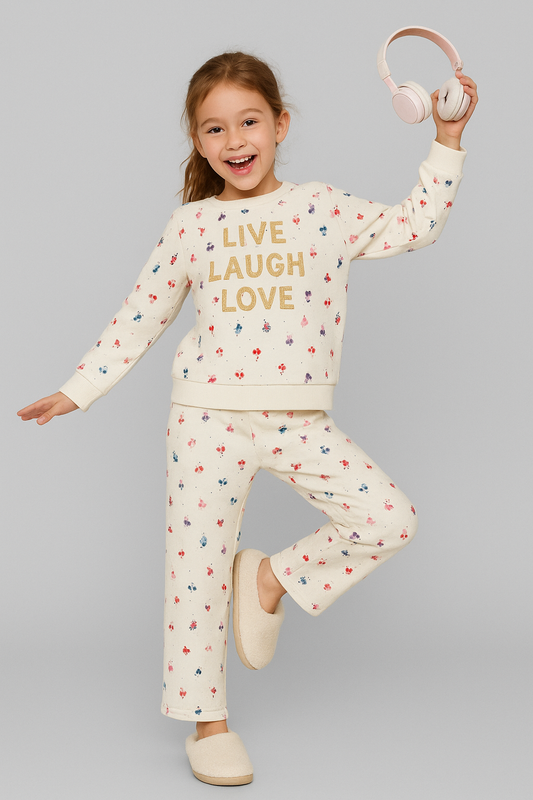 Glitter Printed Round Neck Pullover Sweatshirt and Printed Jogger set- Off White