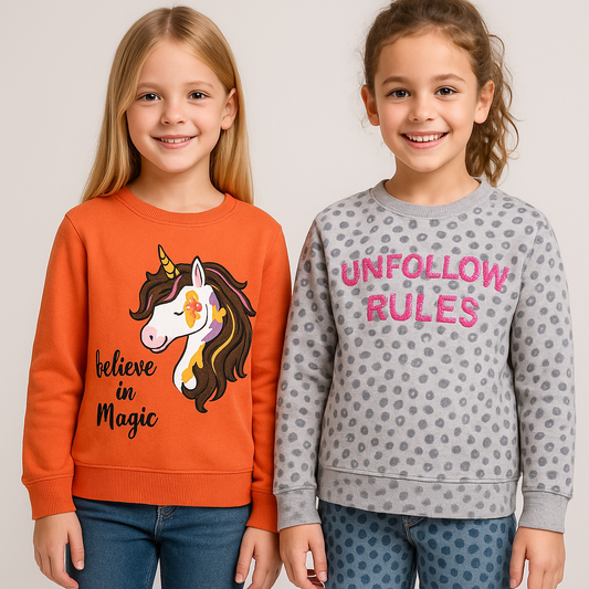 Glitter Printed Round neck Pullover Sweatshirt pack of 2- Grey and Orange