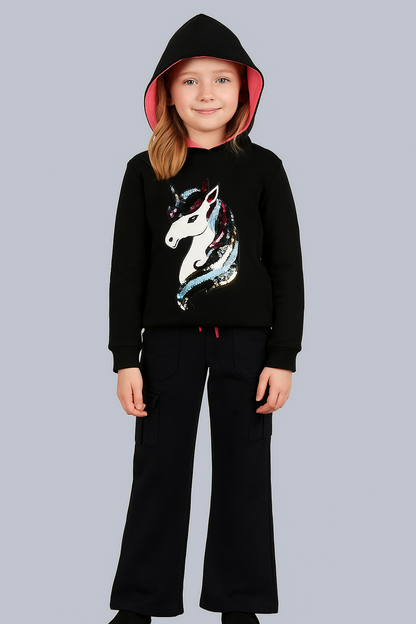 Reversible Sequins Hoodie Sweatshirt and Solid Cargo Pant set- Black