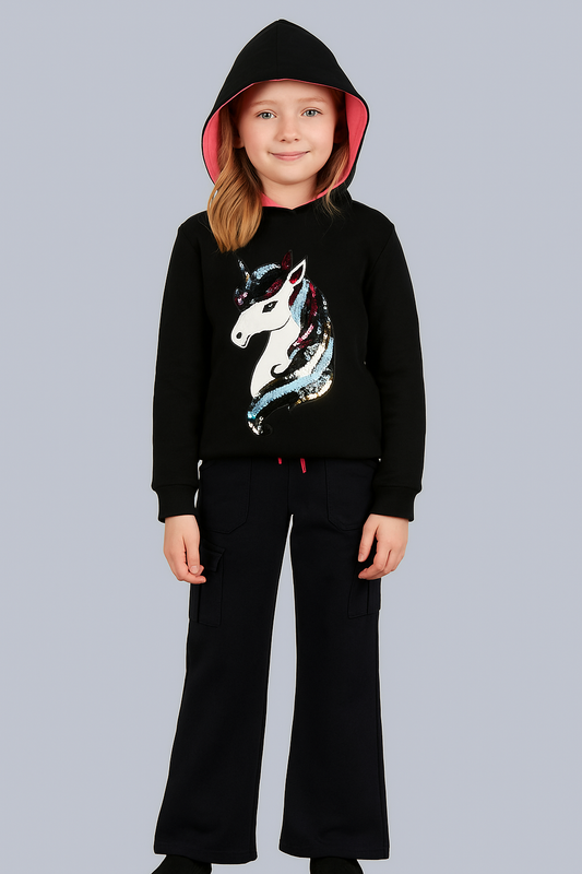 Reversible Sequins Hoodie Sweatshirt and Solid Cargo Pant set- Black