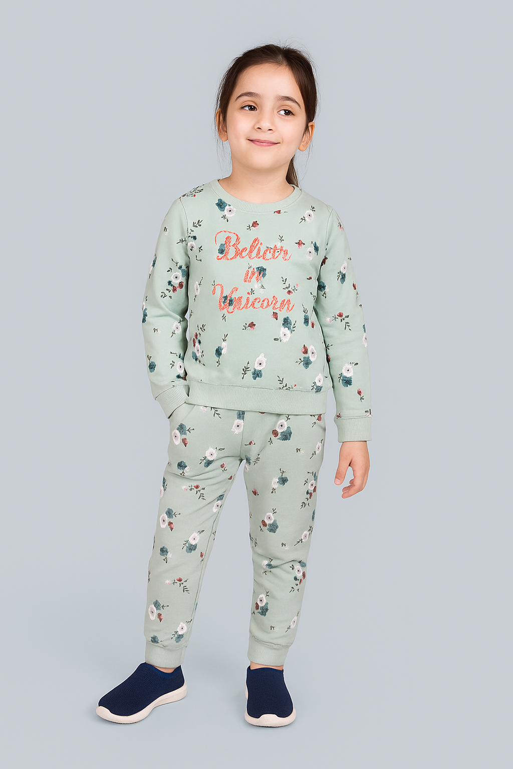 Round Neck Pullover Sweatshirt and Printed Jogger set- Green