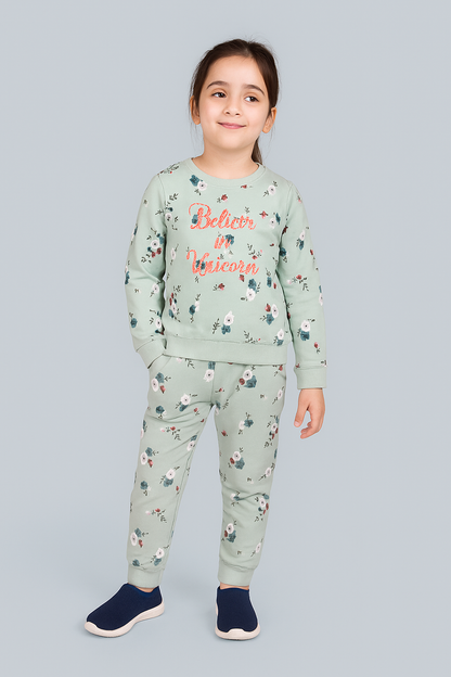 Round Neck Pullover Sweatshirt and Printed Jogger set- Green